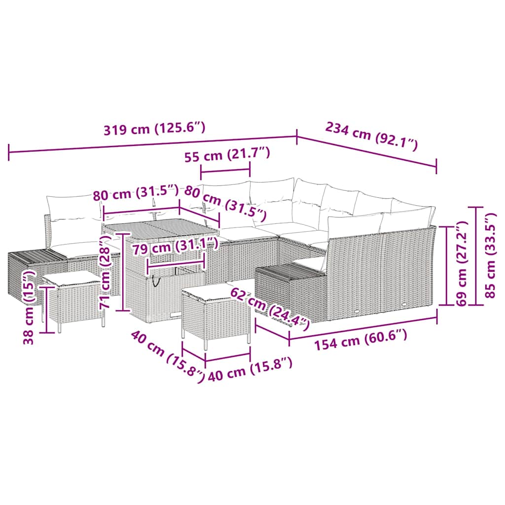 Tuinbankenset 12 st 11-Aantal zitplaatsen Beige Poly riet