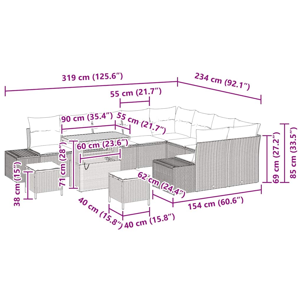 Tuinbankenset 12 st 11-Aantal zitplaatsen Beige Poly riet