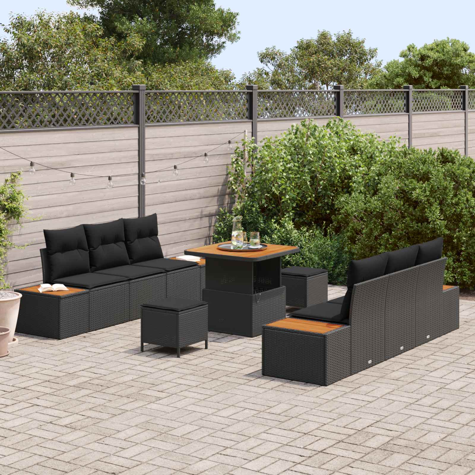 Tuinbankenset 9 st 8-Aantal zitplaatsen Zwart Poly riet