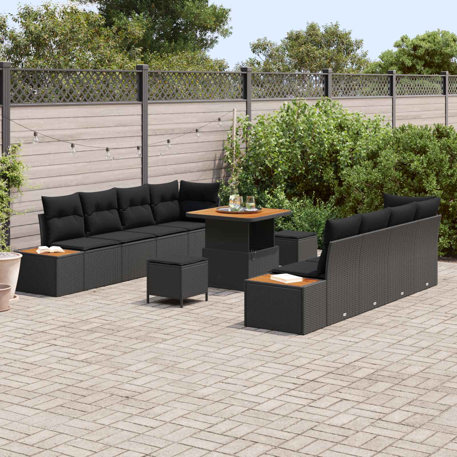 Tuinbankenset 11 st 10-Aantal zitplaatsen Zwart Poly riet