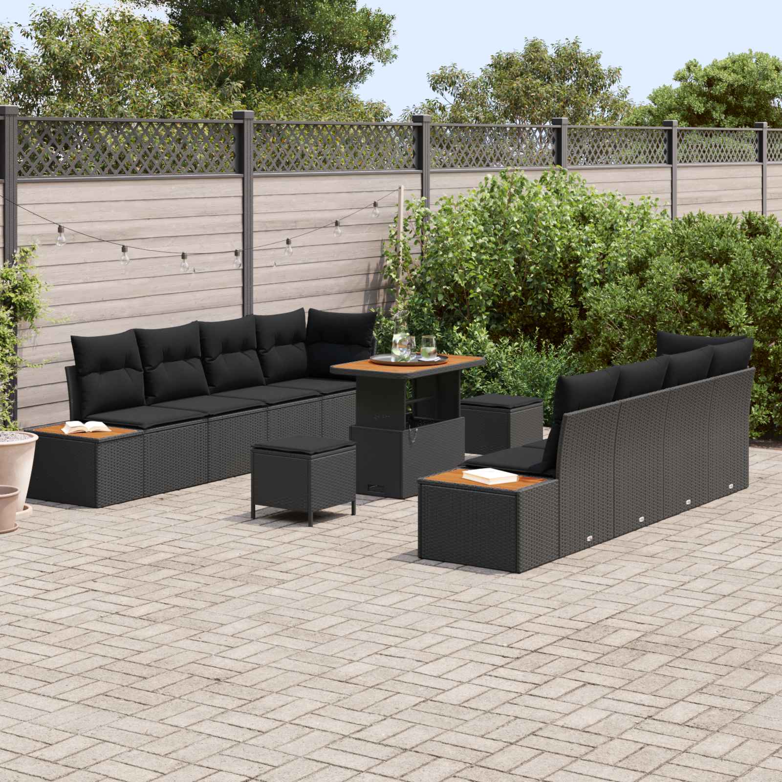Tuinbankenset 11 st 10-Aantal zitplaatsen Zwart Poly riet