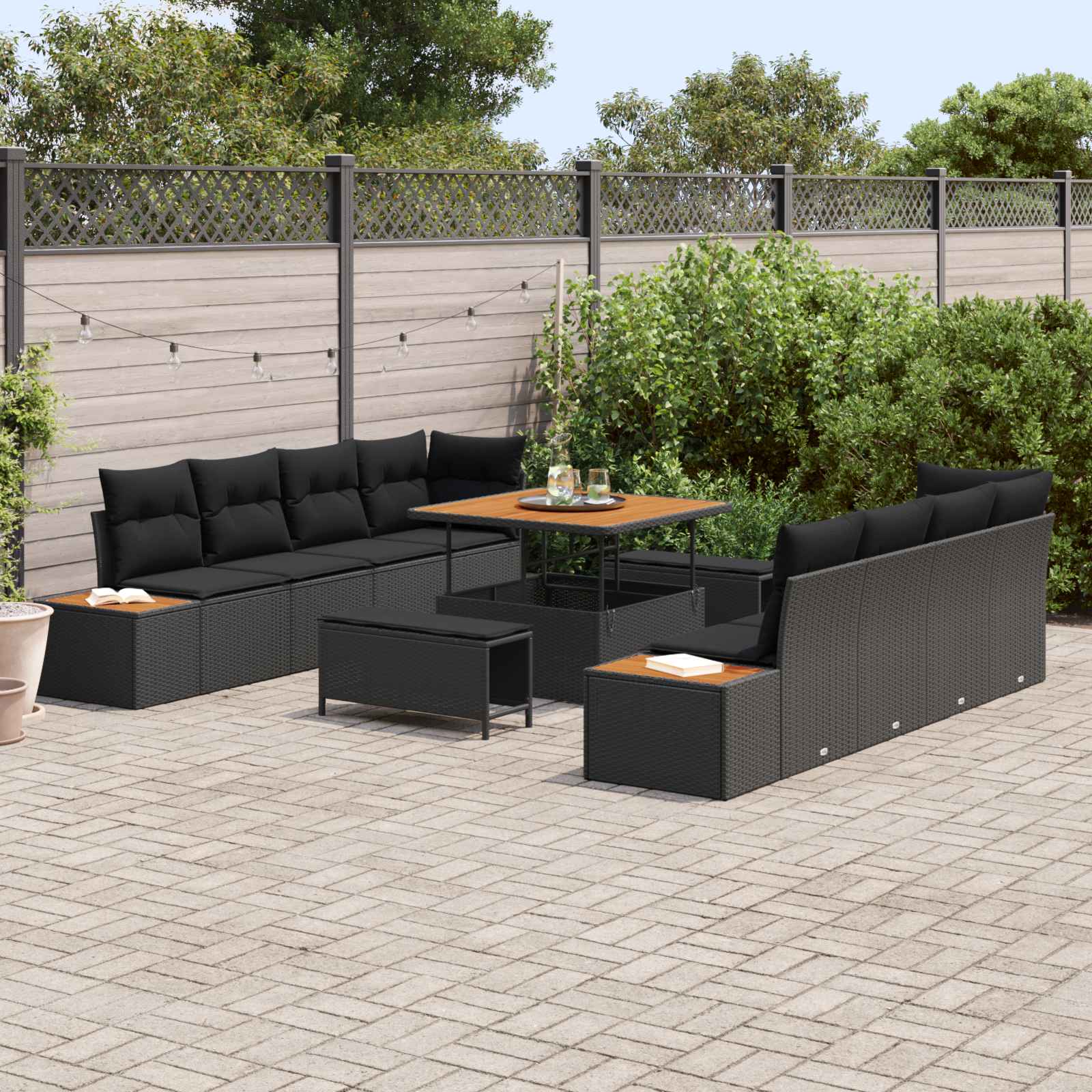 Tuinbankenset 11 st 10-Aantal zitplaatsen Zwart Poly riet