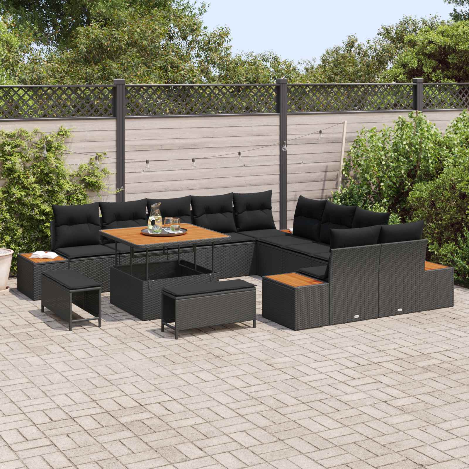 Tuinbankenset 13 st 12-Aantal zitplaatsen Zwart Poly riet
