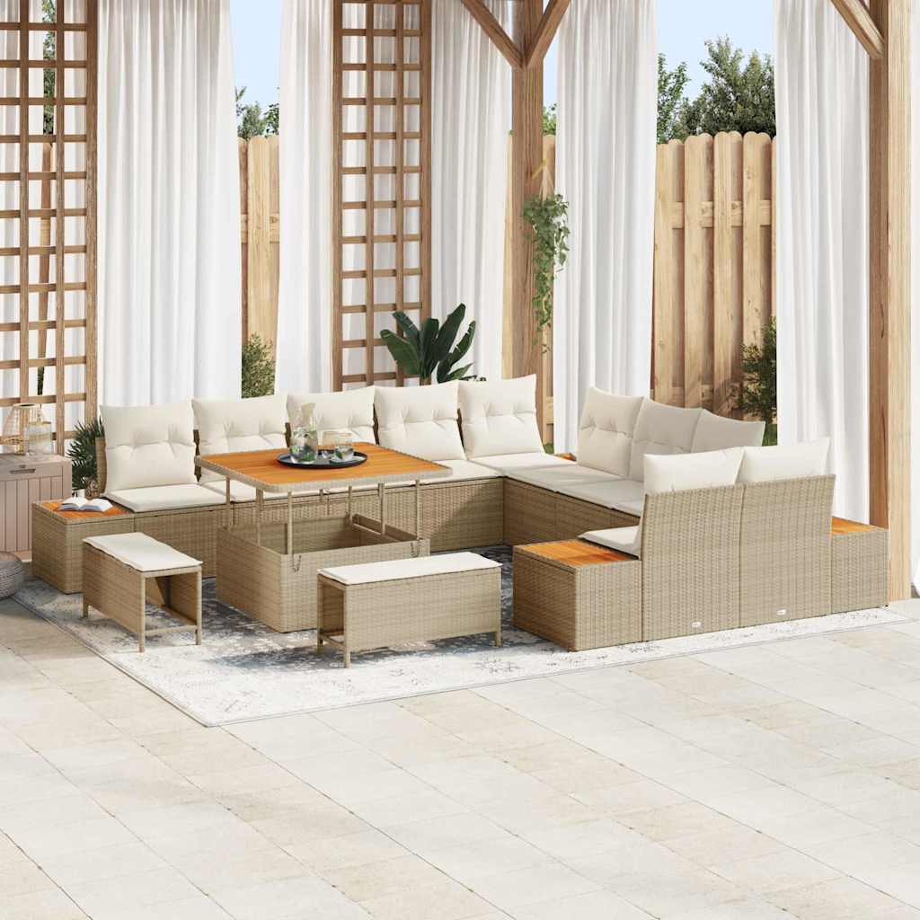 Tuinbankenset 13 st 12-Aantal zitplaatsen Beige Poly riet