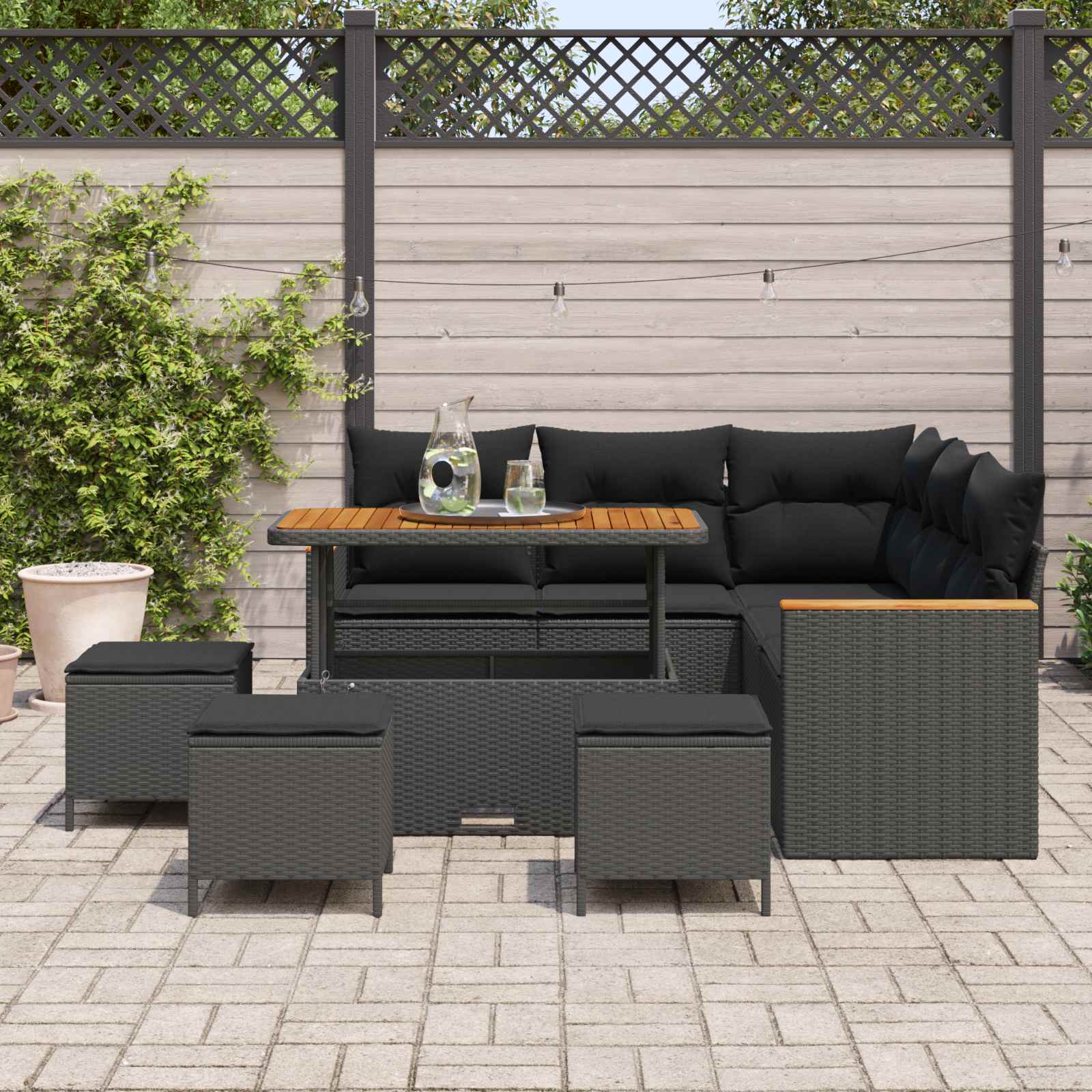 Tuin Sofa Set met kussen met opslag Zwart Poly riet