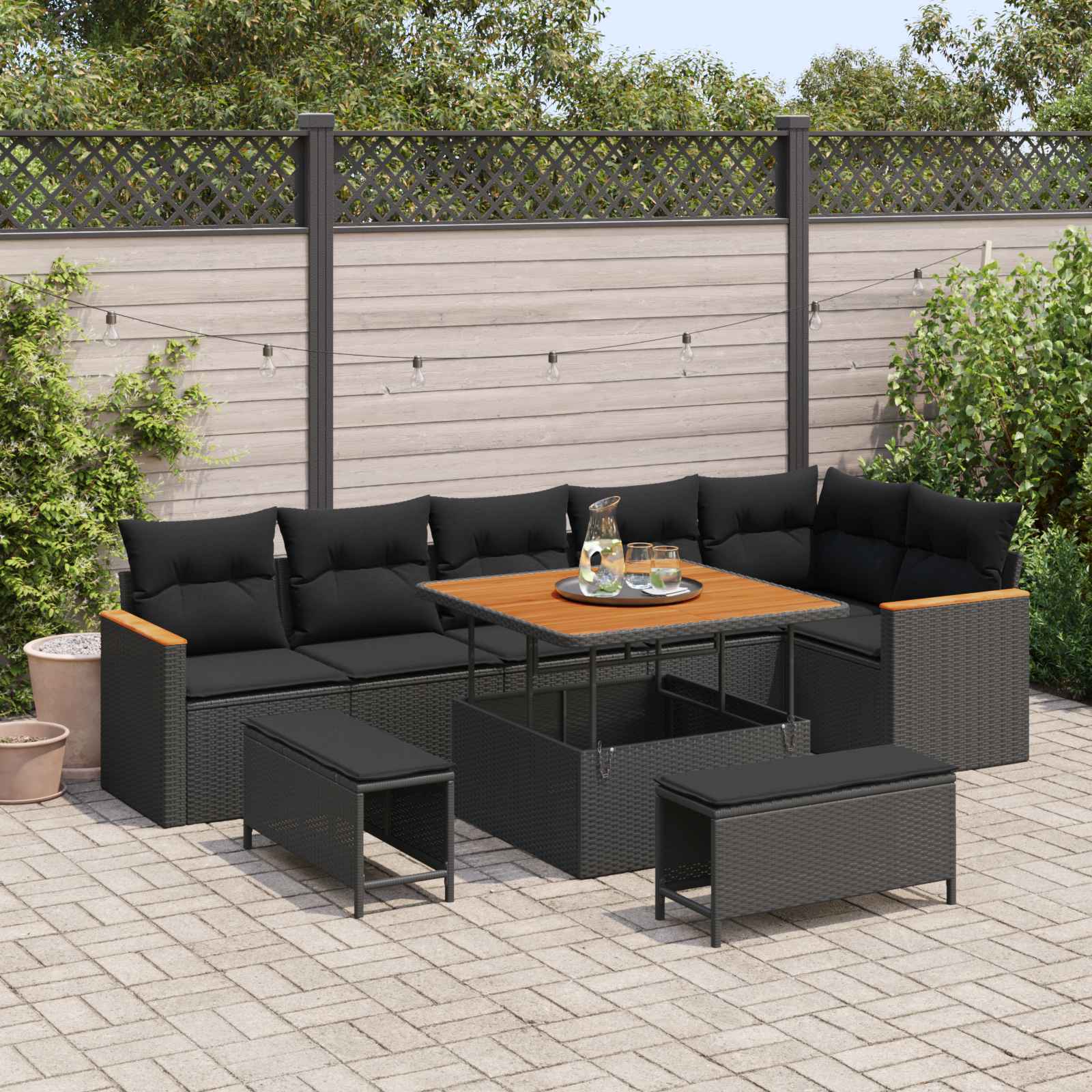 Tuin Sofa Set 9 st 6-Aantal zitplaatsen Zwart Poly riet