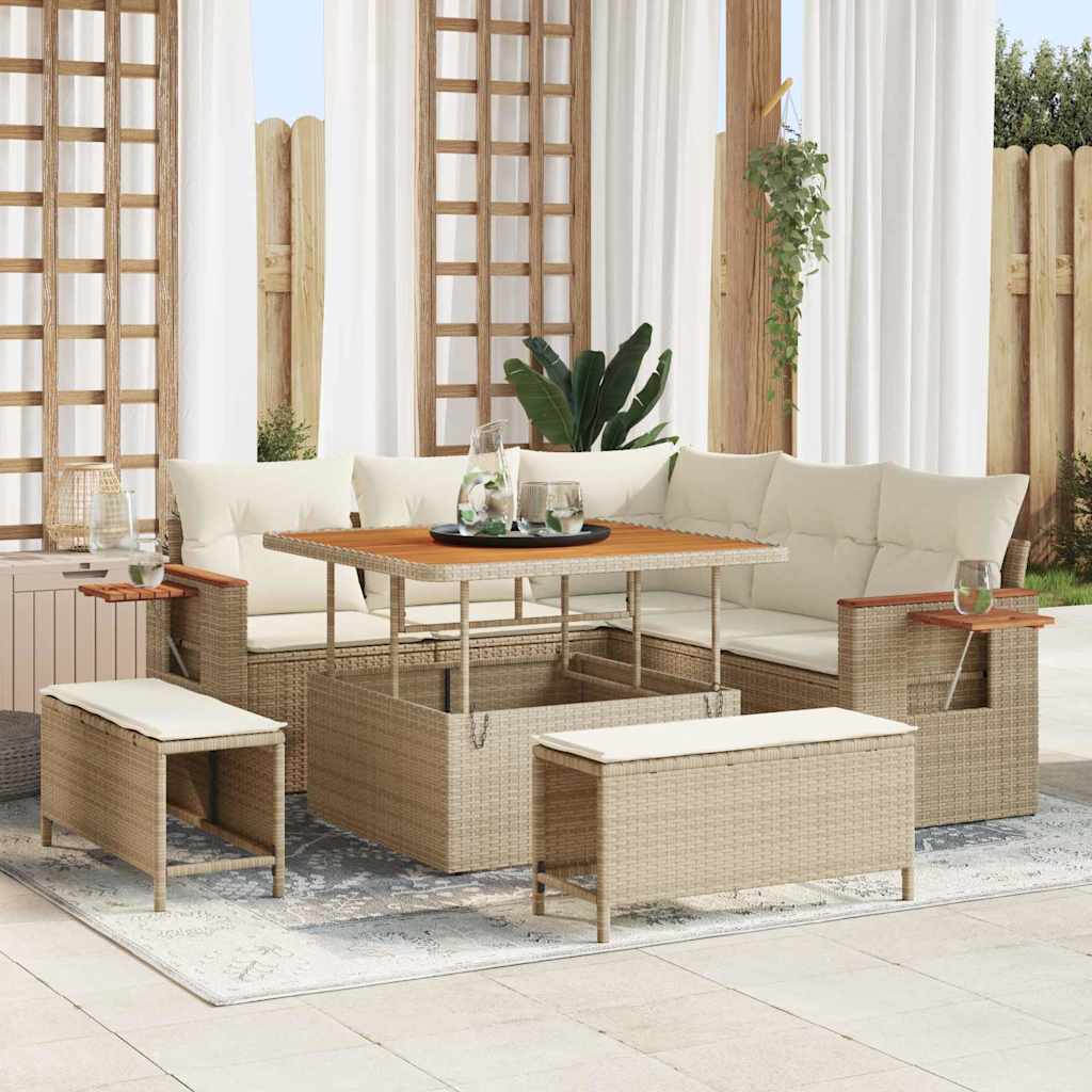 Tuinbankenset met kussen 9 pcs Beige en Crème poly rattan