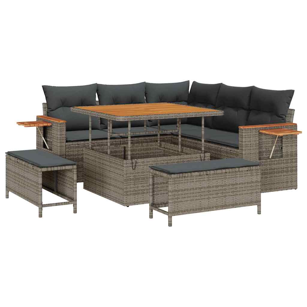 Tuinbankenset 9 st 8-Aantal zitplaatsen Grijs poly rattan