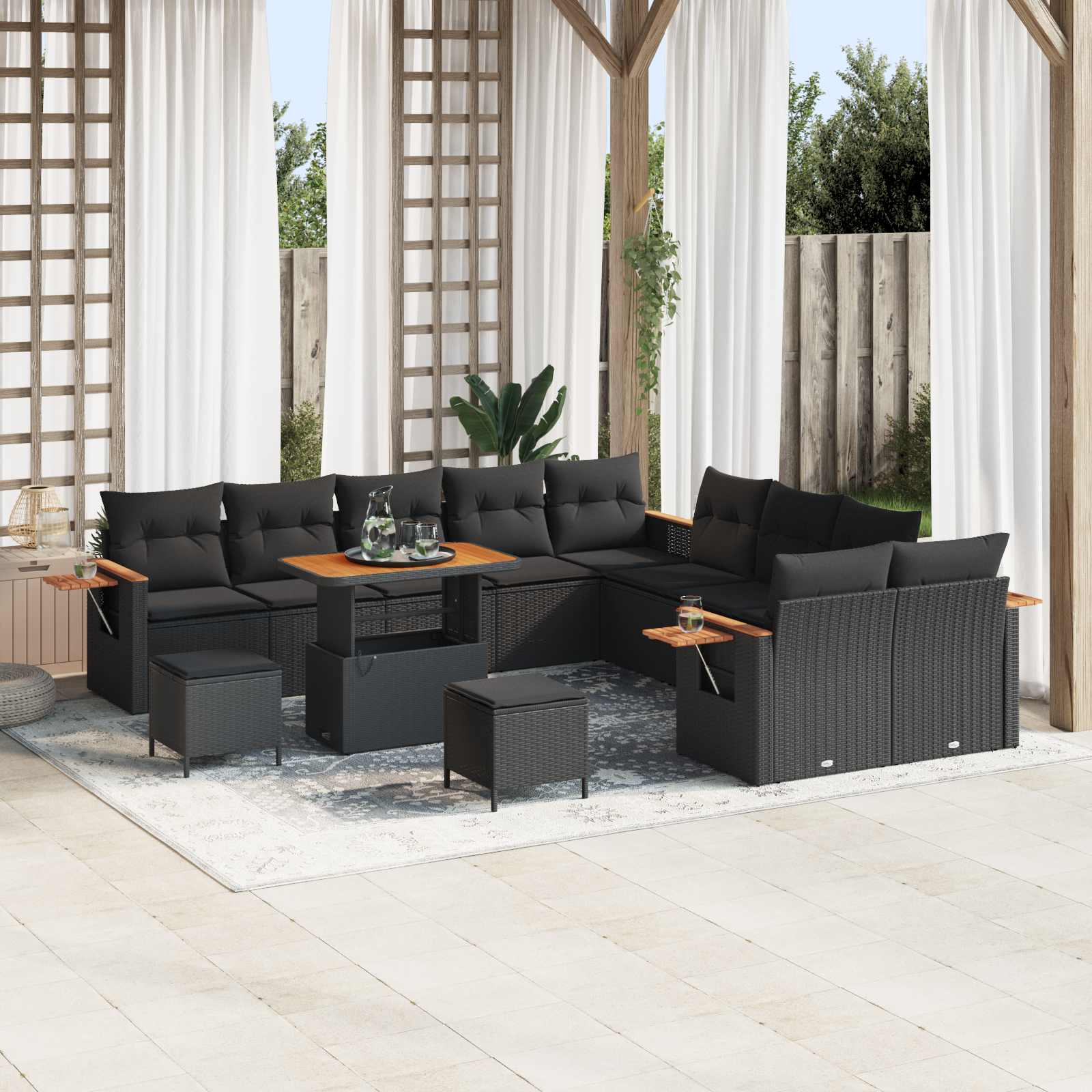 Tuinbankenset 17 st 10-Aantal zitplaatsen Zwart poly rattan
