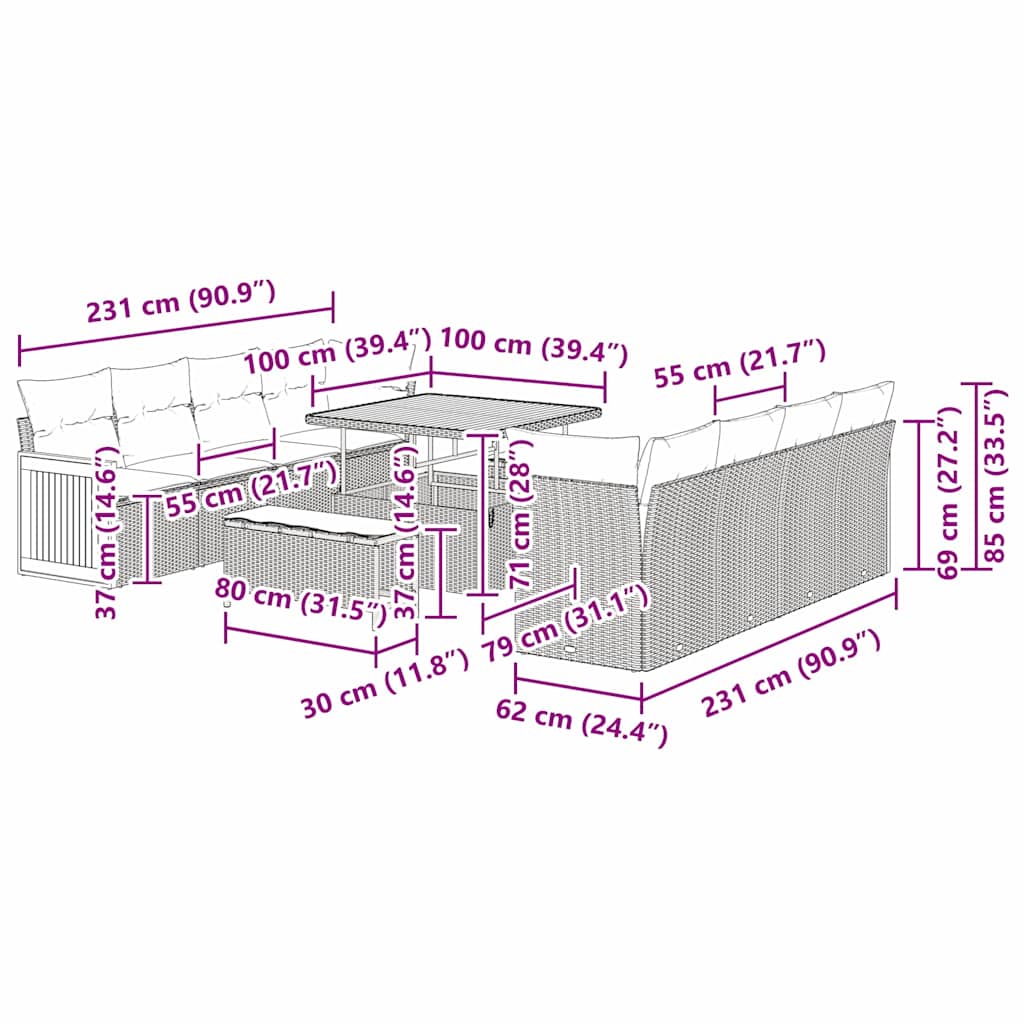 Tuinbankenset met kussen Grijs 231 x 224 x 85 cm poly rattan