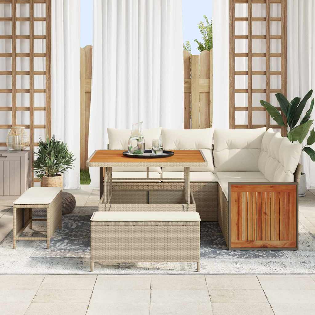 Tuinbankenset met kussen 9 pcs Beige en Crème poly rattan