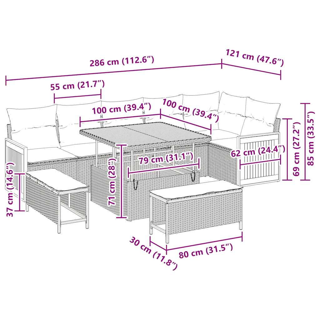 Tuinbankenset 11 st 9-Aantal zitplaatsen Grijs poly rattan