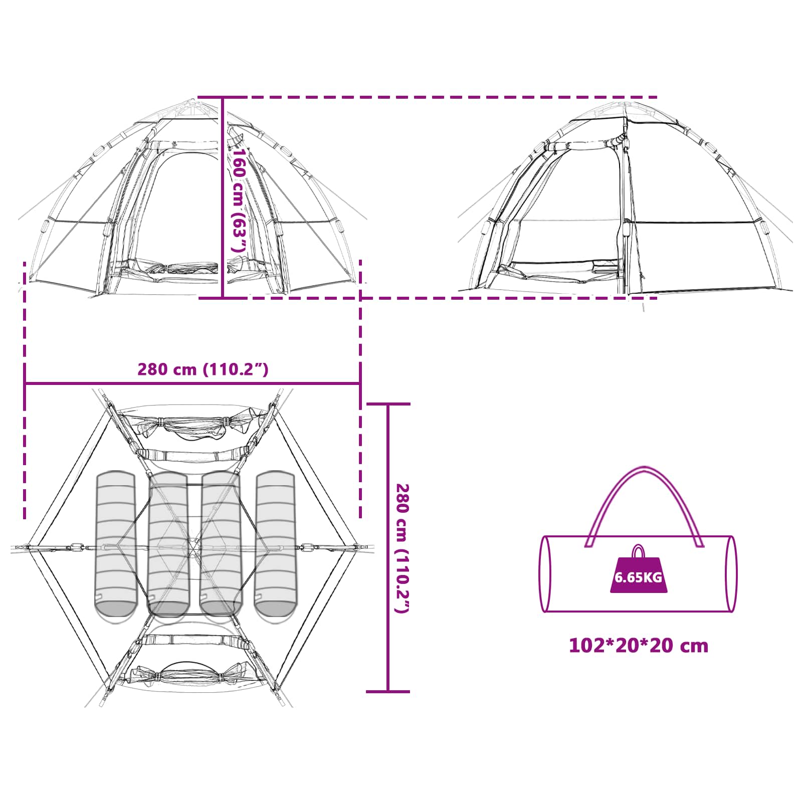 Instant tent met regenhoes voor 4 personen met snelle release
