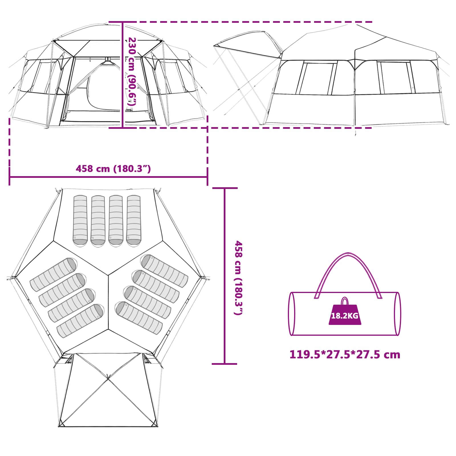Instant tent met regenhuif voor 12 personen met snelontgrendeling