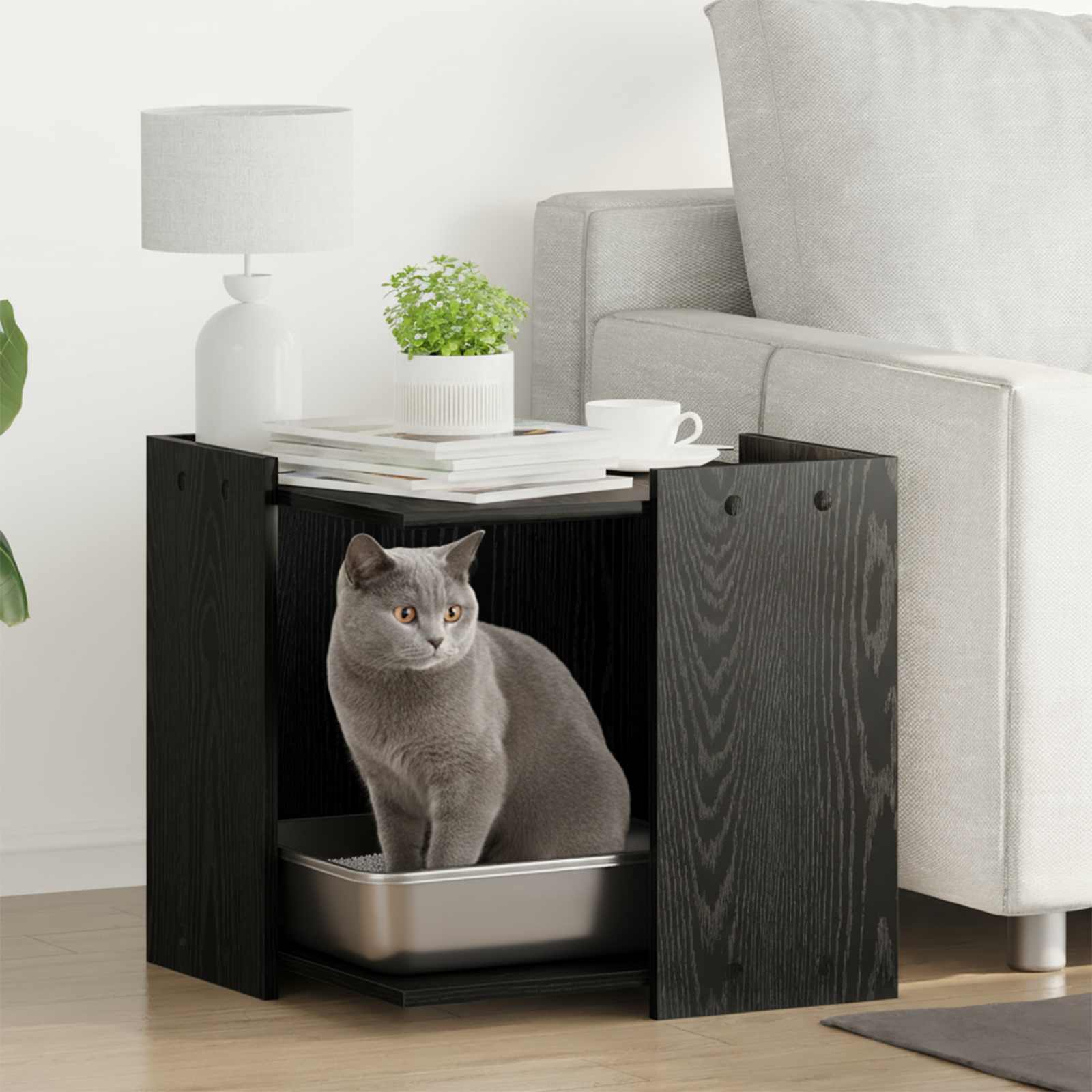 Kattenbak Omheining Zwart eiken 53 x 53 x 51 cm Bewerkt hout