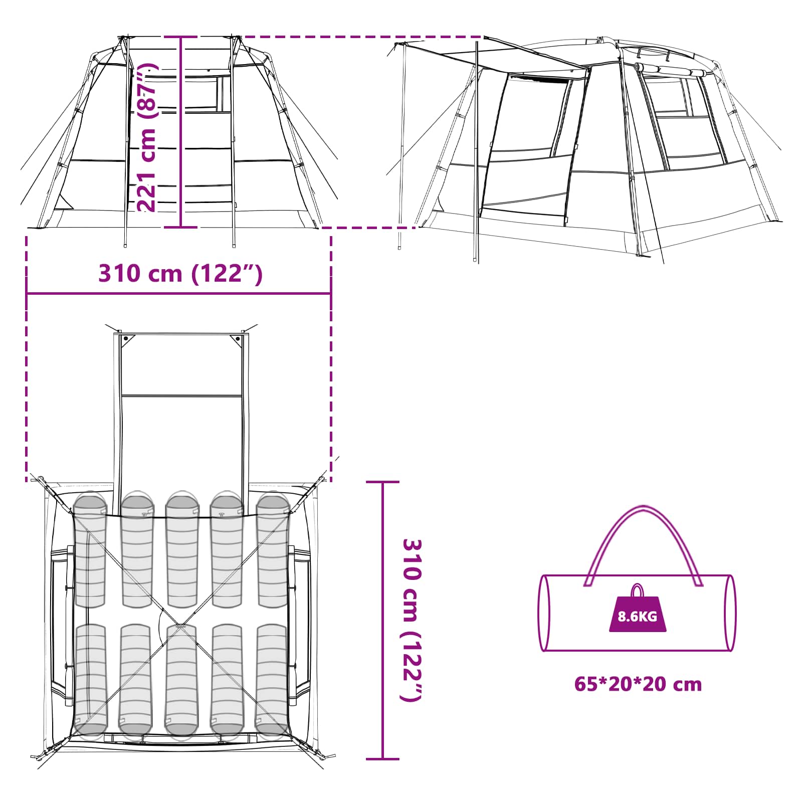 Partytent Blauw 10-persoons 185T Polyester met PU Coating