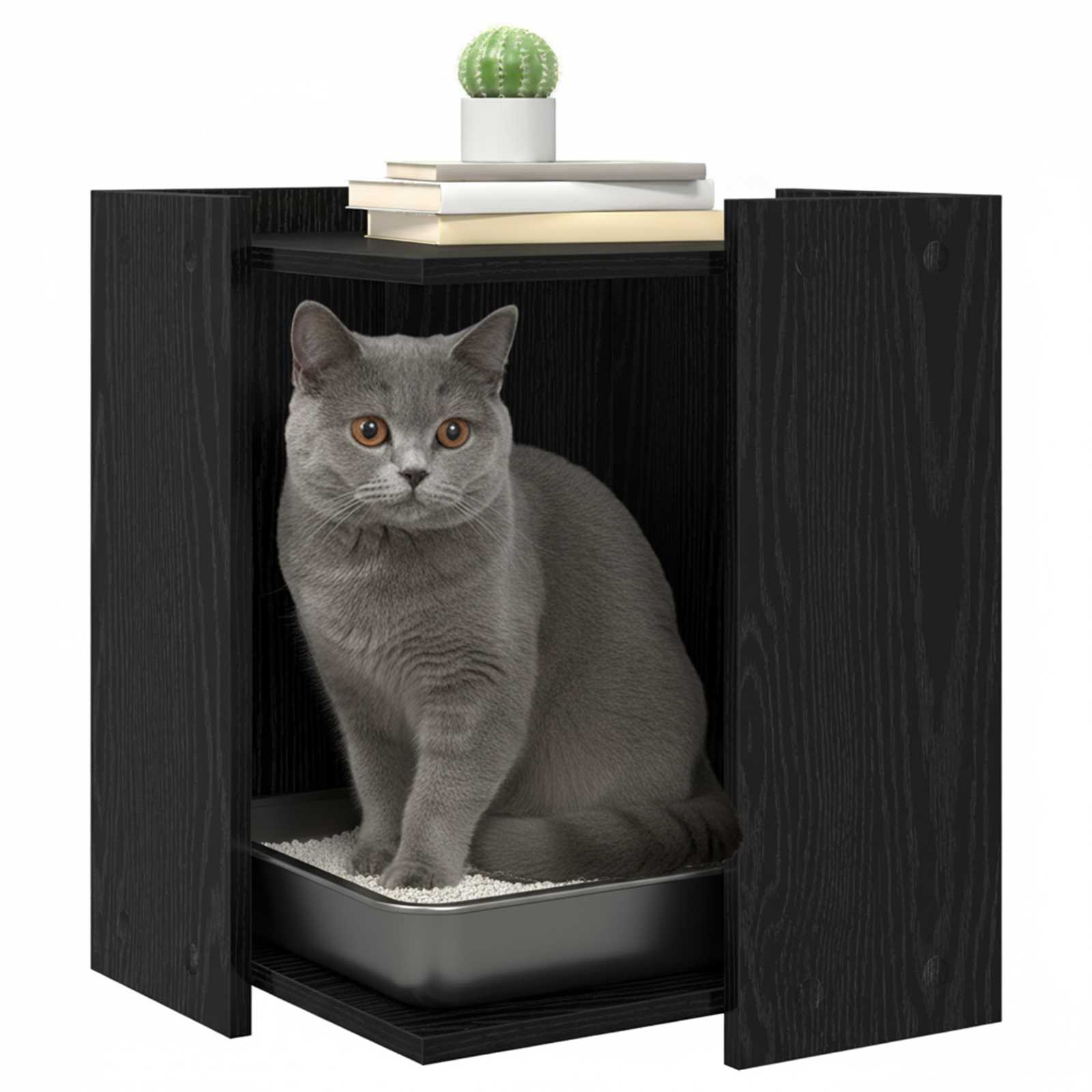 Kattenbak Omheining Zwart Eiken 42 x 42 x 51 cm Bewerkt hout