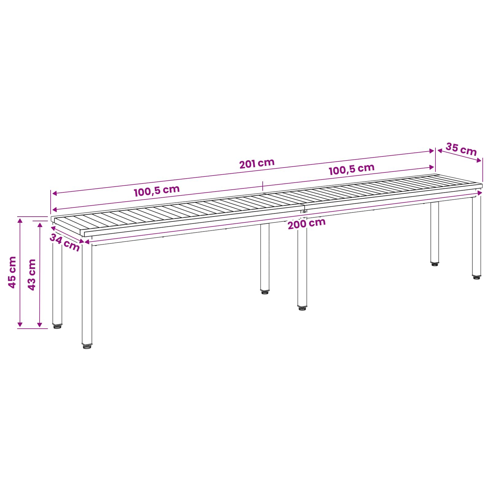 Tuinbank 201 x 35 x 45 cm Massief Acaciahout Natuurlijk en Wit