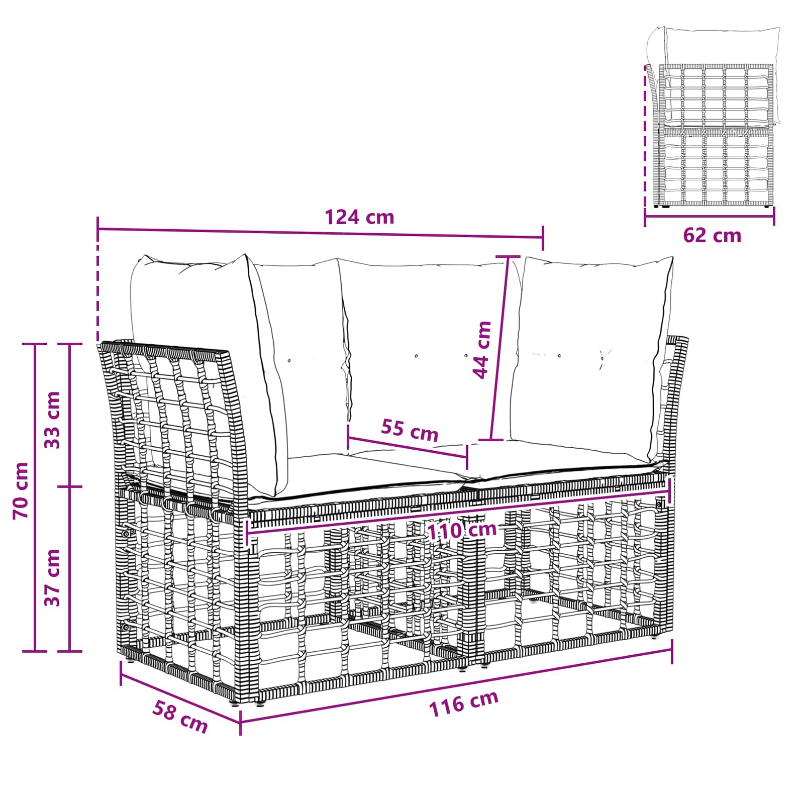 Buiten loveseat 2 st 2-Aantal zitplaatsen Zwart en Donkergrijs