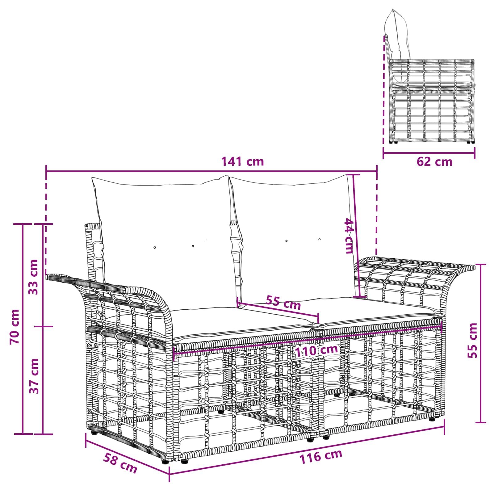 Buiten loveseat 2 st 2-Aantal zitplaatsen Zwart en Donkergrijs