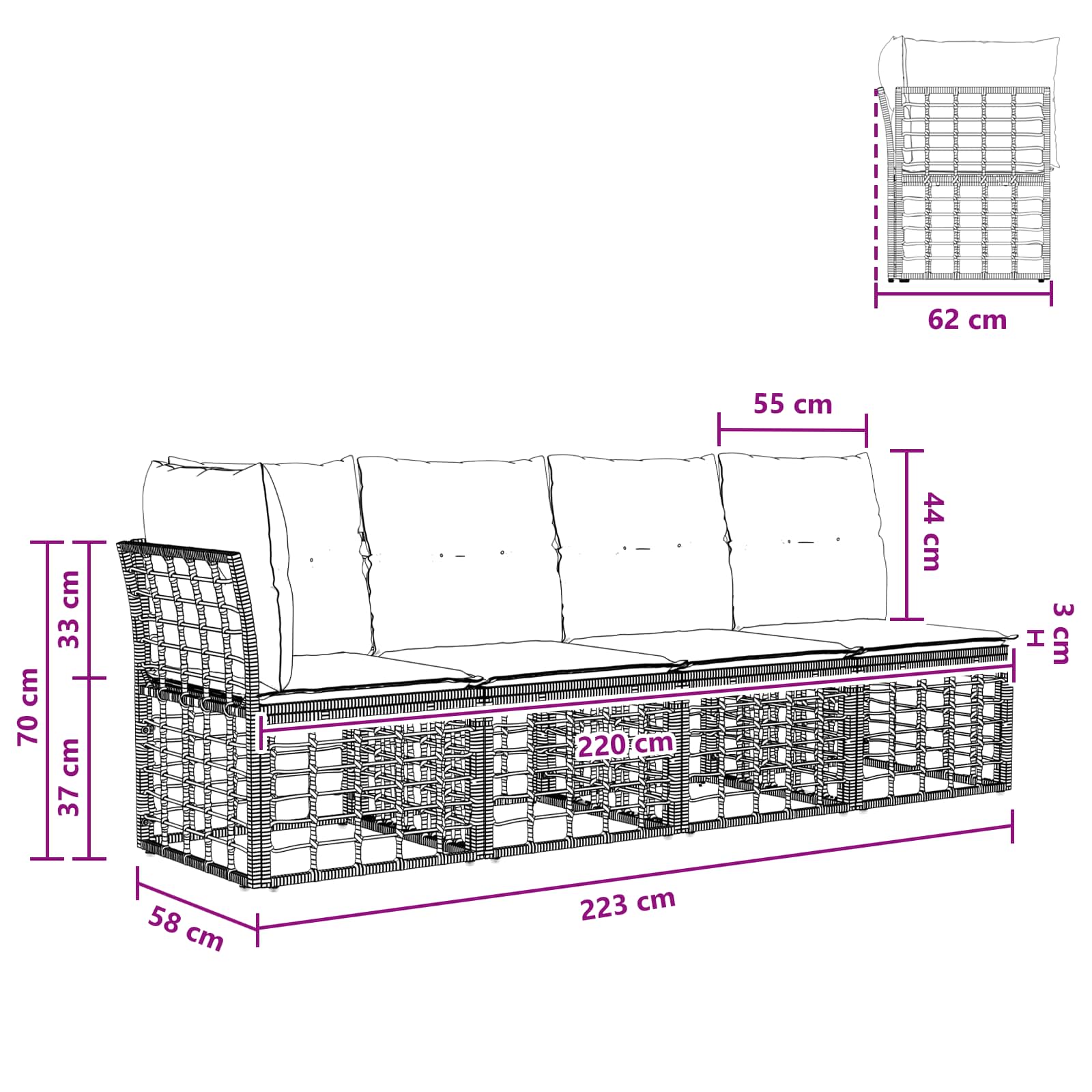 4-Zits Tuin Sofa met Linker Arm 4 st 4-Aantal zitplaatsen Zwart