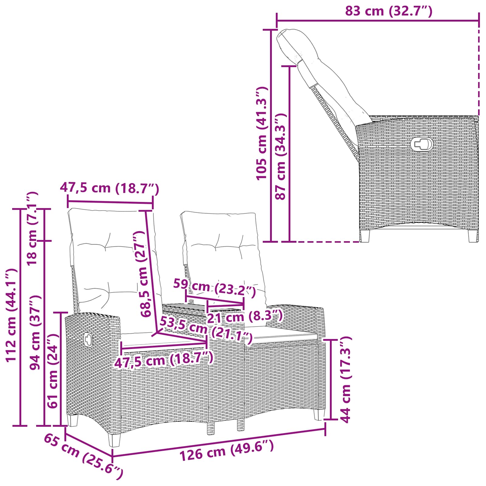 Ligbank met tafel Zwart 126 x 65 x 112 cm poly rattan