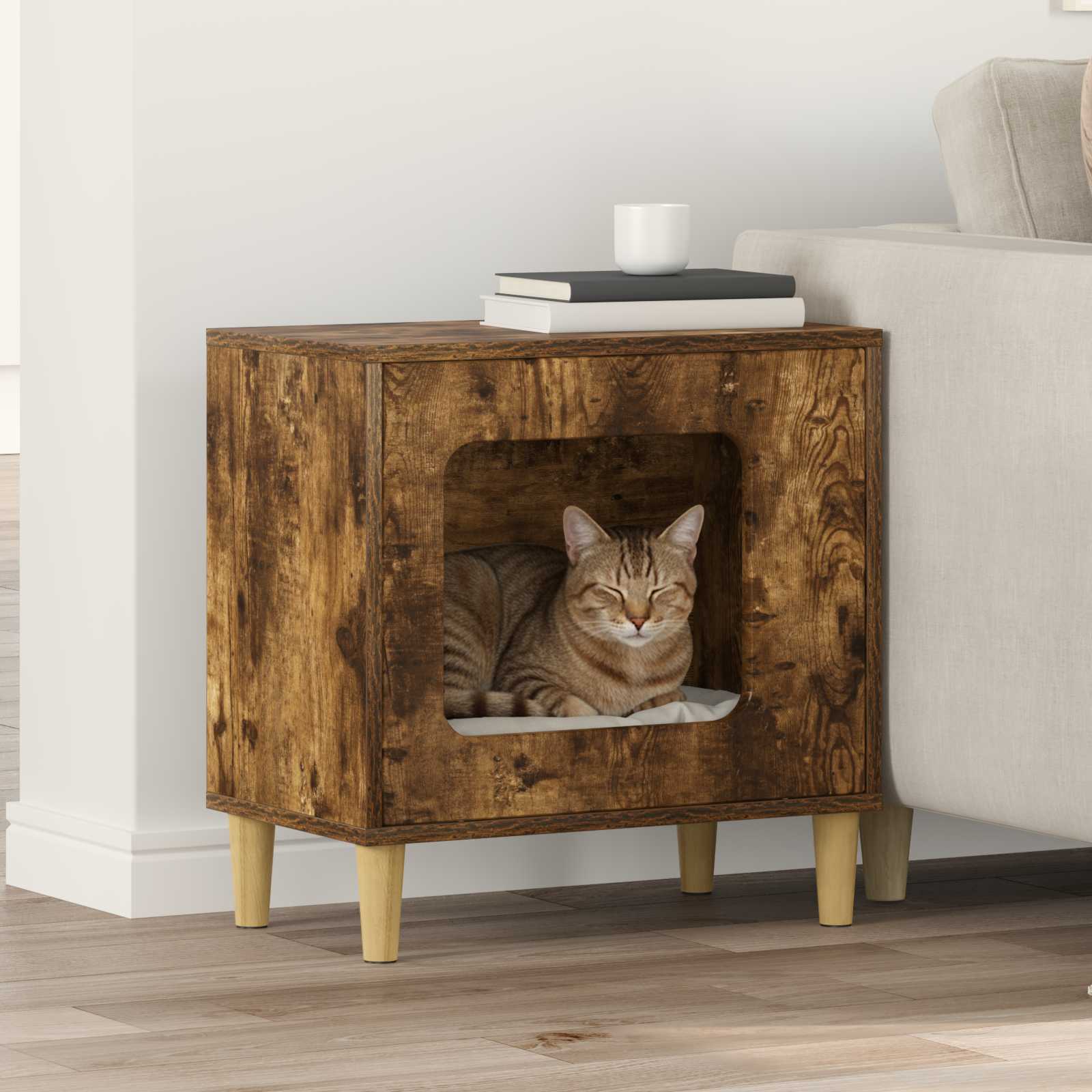 Kattenhuis Gerookt eiken 51 x 30 x 52 cm Bewerkt hout