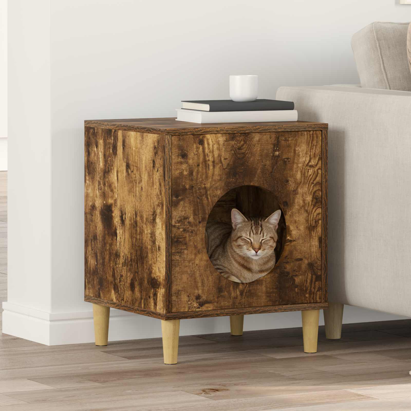 Kattenhuis Gerookt eiken 42,5 x 40 x 53 cm Bewerkt hout