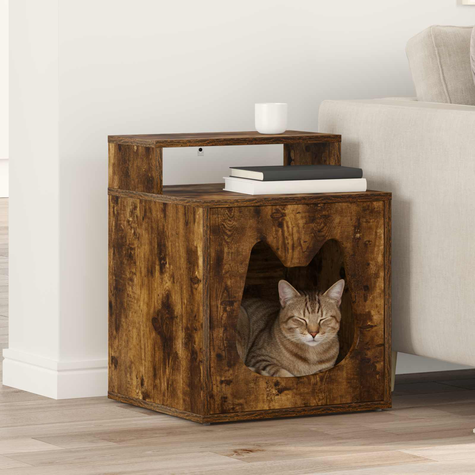 Kattenhuis Gerookt eiken 42,5 x 40 x 53,5 cm Bewerkt hout