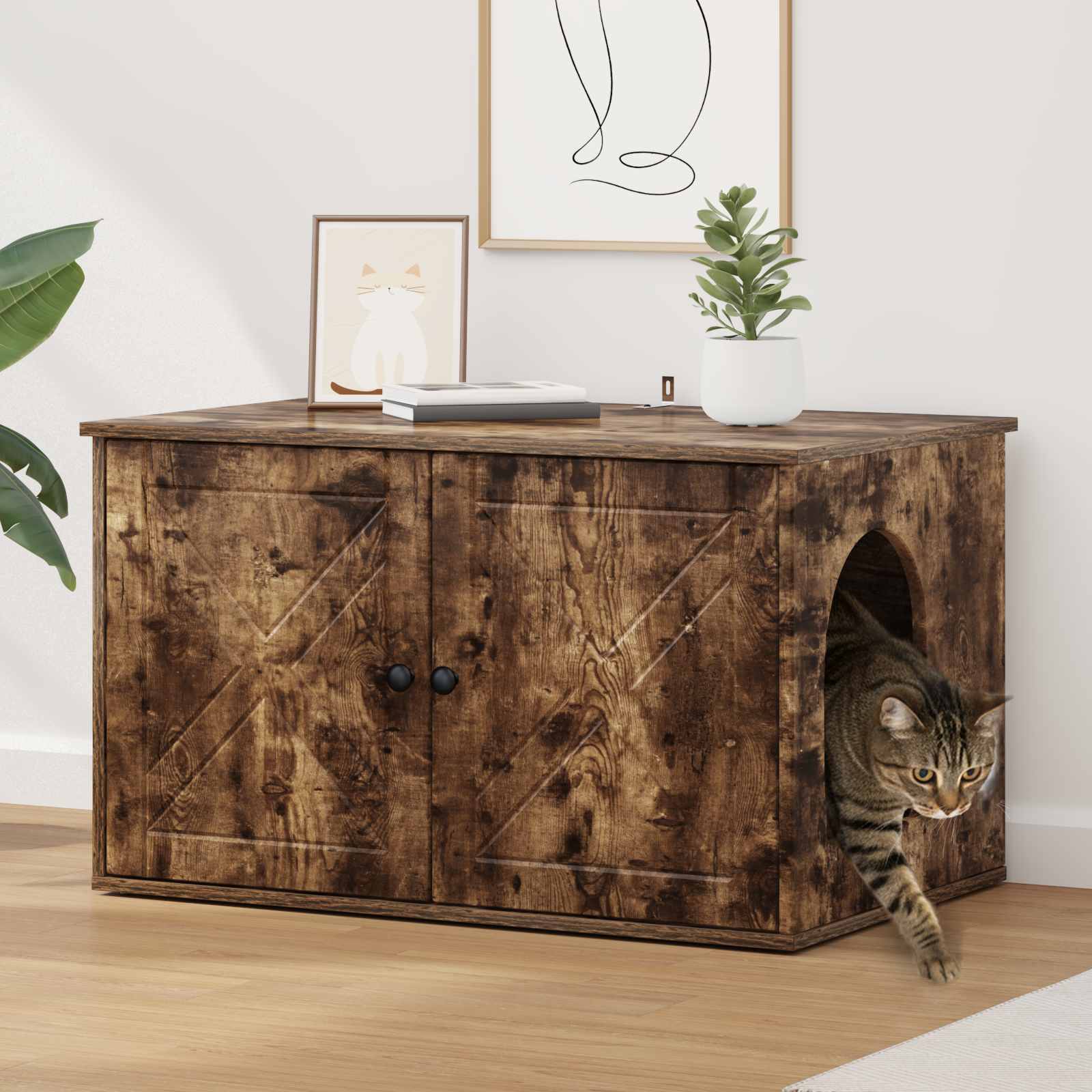 Kattenhuis Gerookt eiken 85 x 55 x 50,5 cm Bewerkt hout