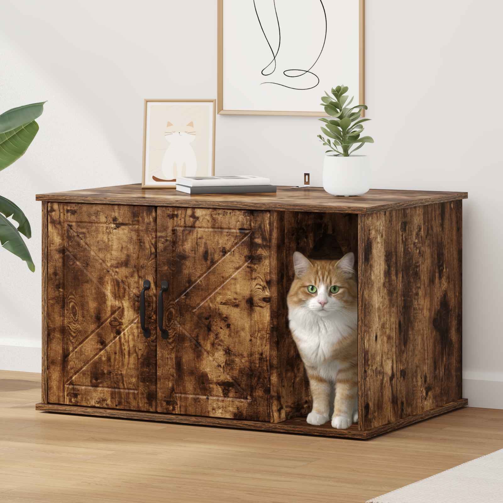 Kattenhuis Gerookt eiken 85 x 55 x 50,5 cm Bewerkt hout