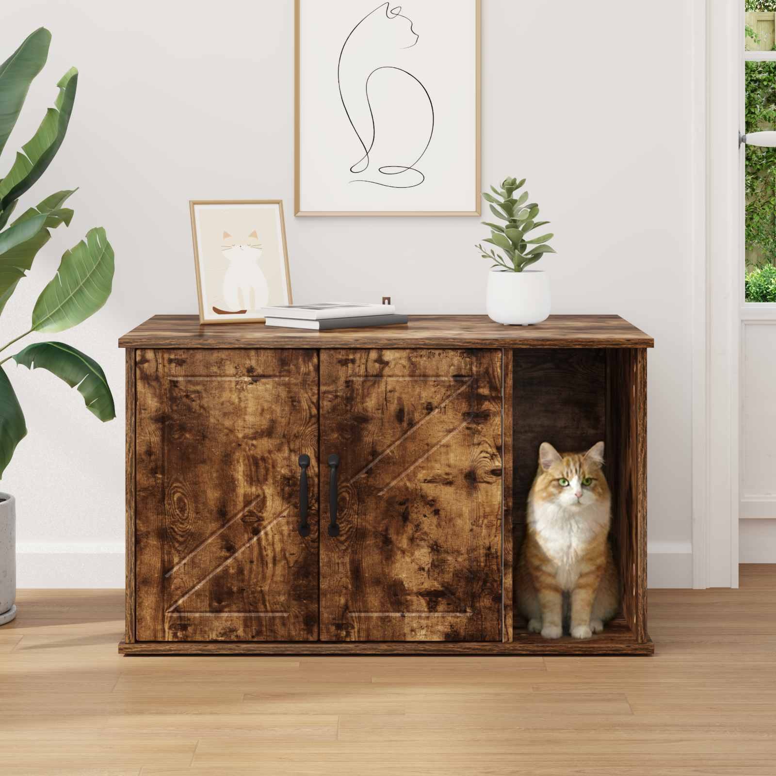 Kattenhuis Gerookt eiken 85 x 55 x 50,5 cm Bewerkt hout