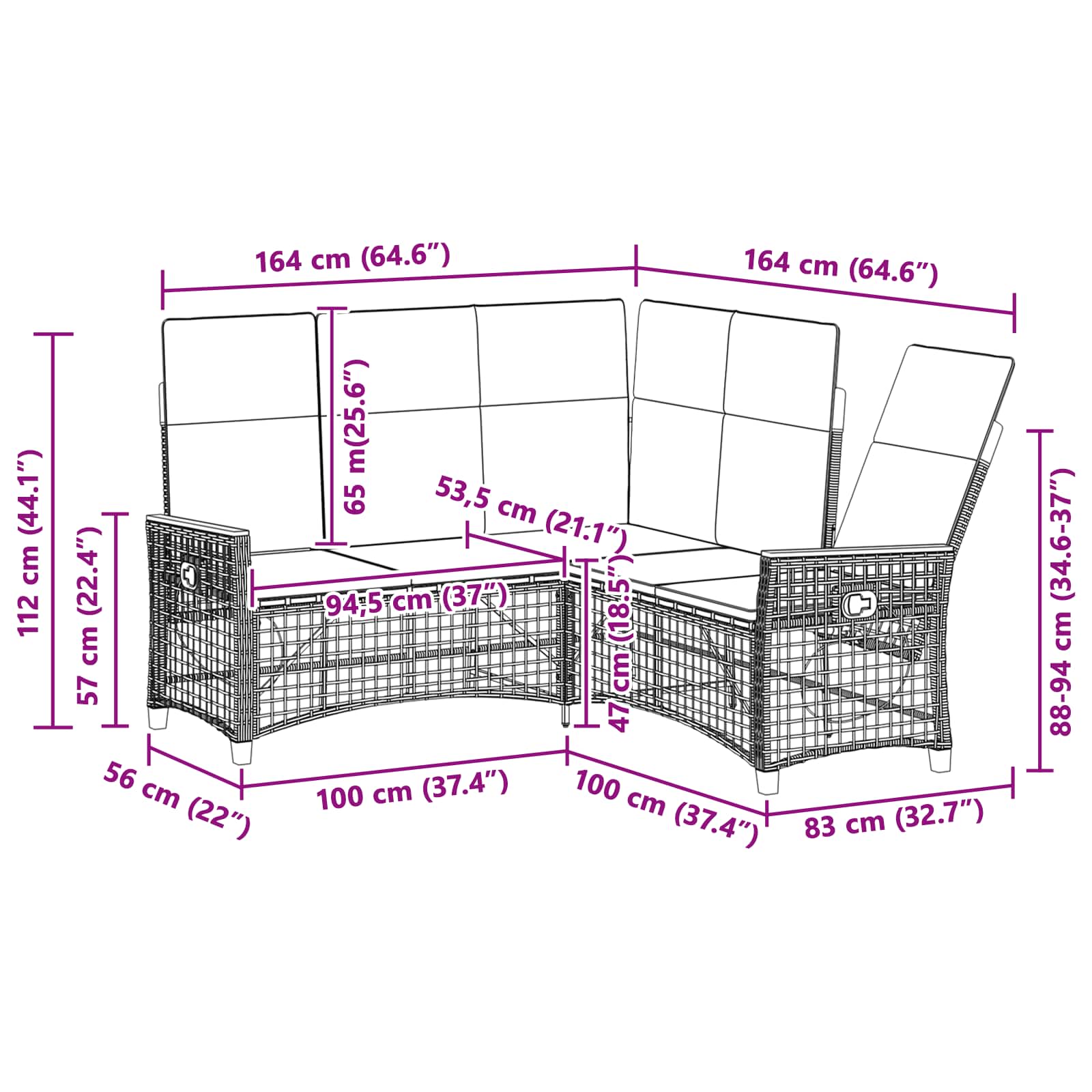 Tuin ligbankset Grijs en Donkergrijs 164 x 164 x 112 cm