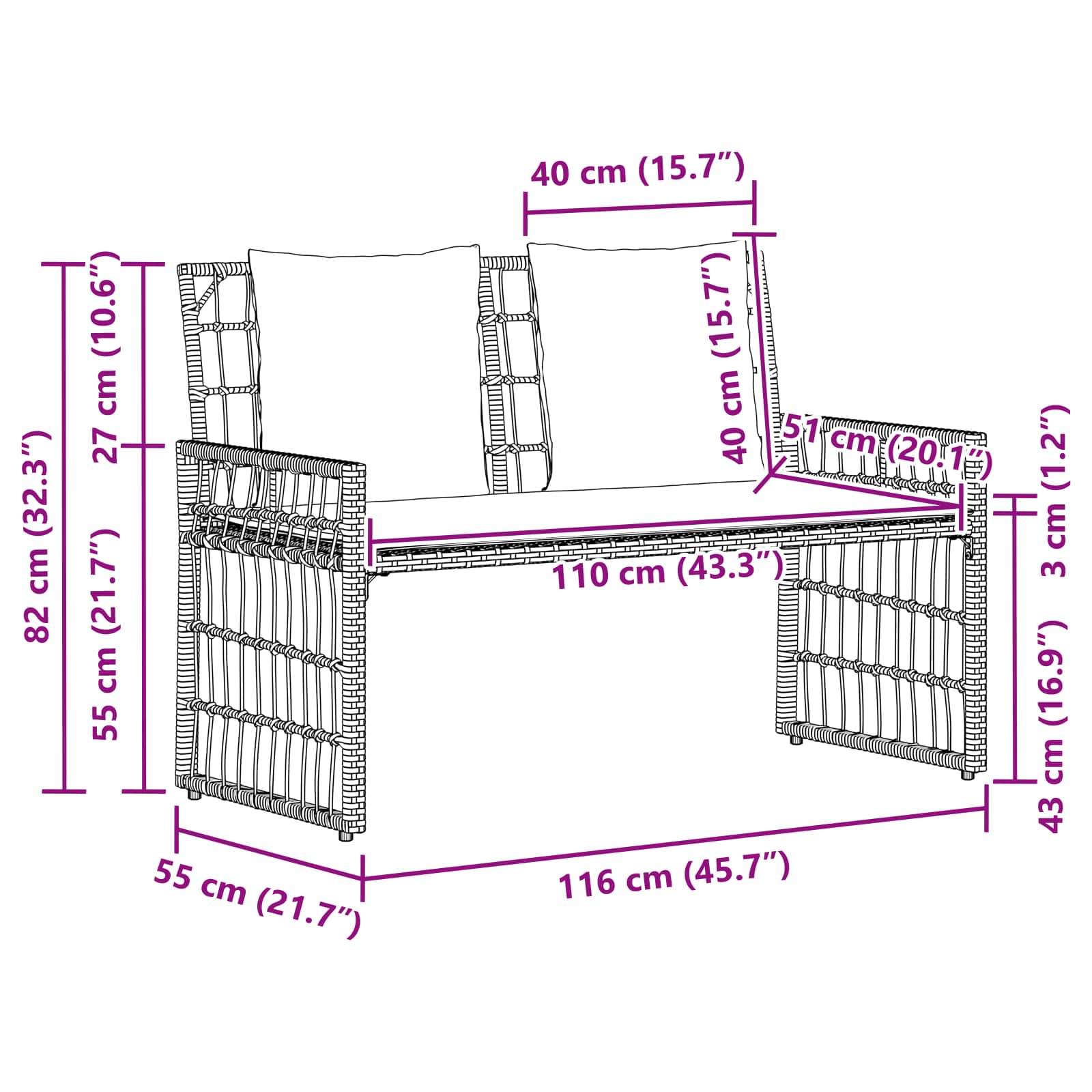 Tuinbank Effen Zwart en Donkergrijs 116 x 55 x 82 cm