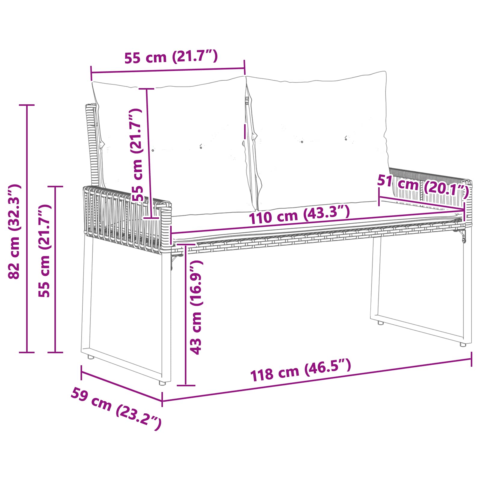 Tuinbank 2 -Seater 4 st 110 x 59 x 82 cm poly rattan