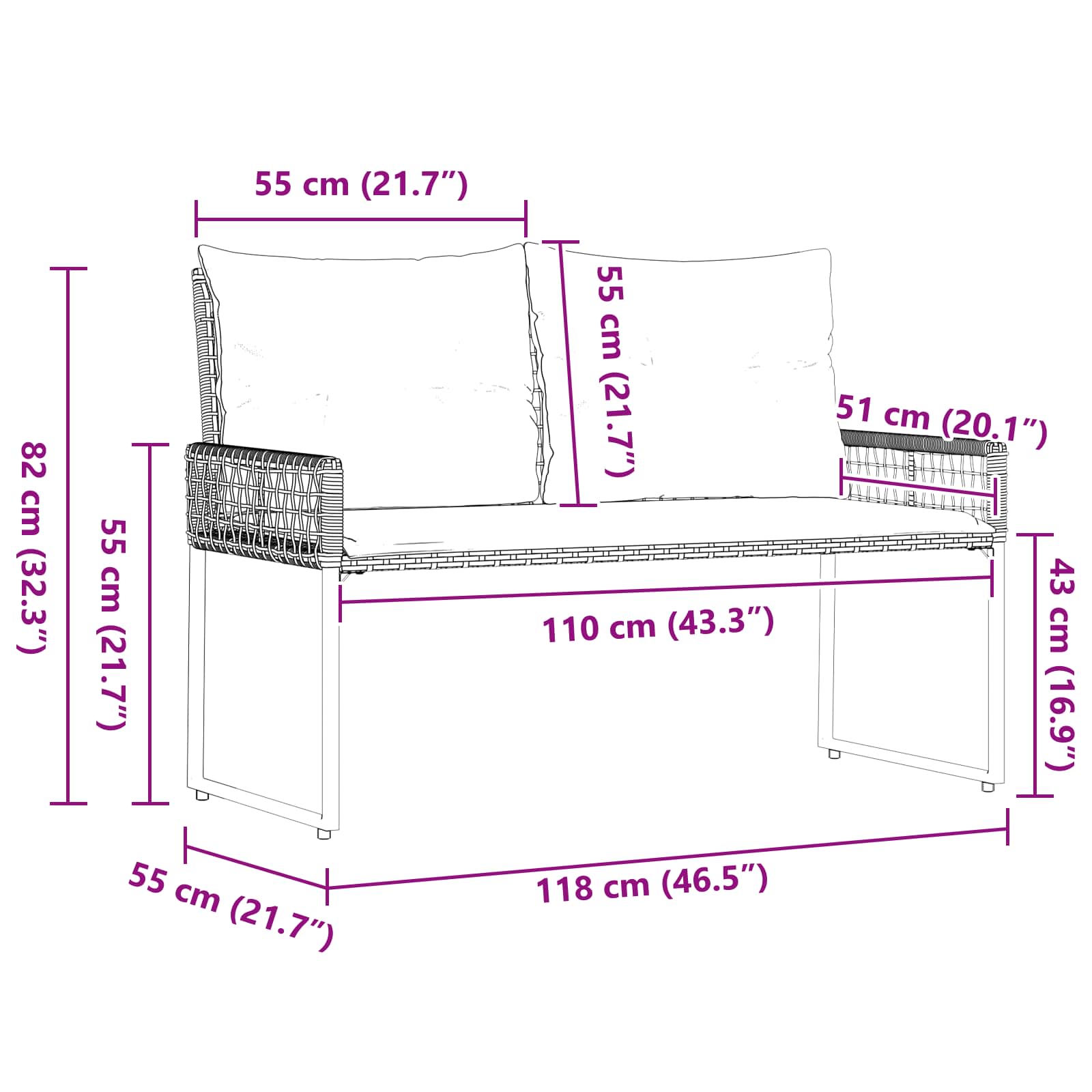 Tuinbank Zwart en Turquoise 118 x 55 x 82 cm PE rattan en stof