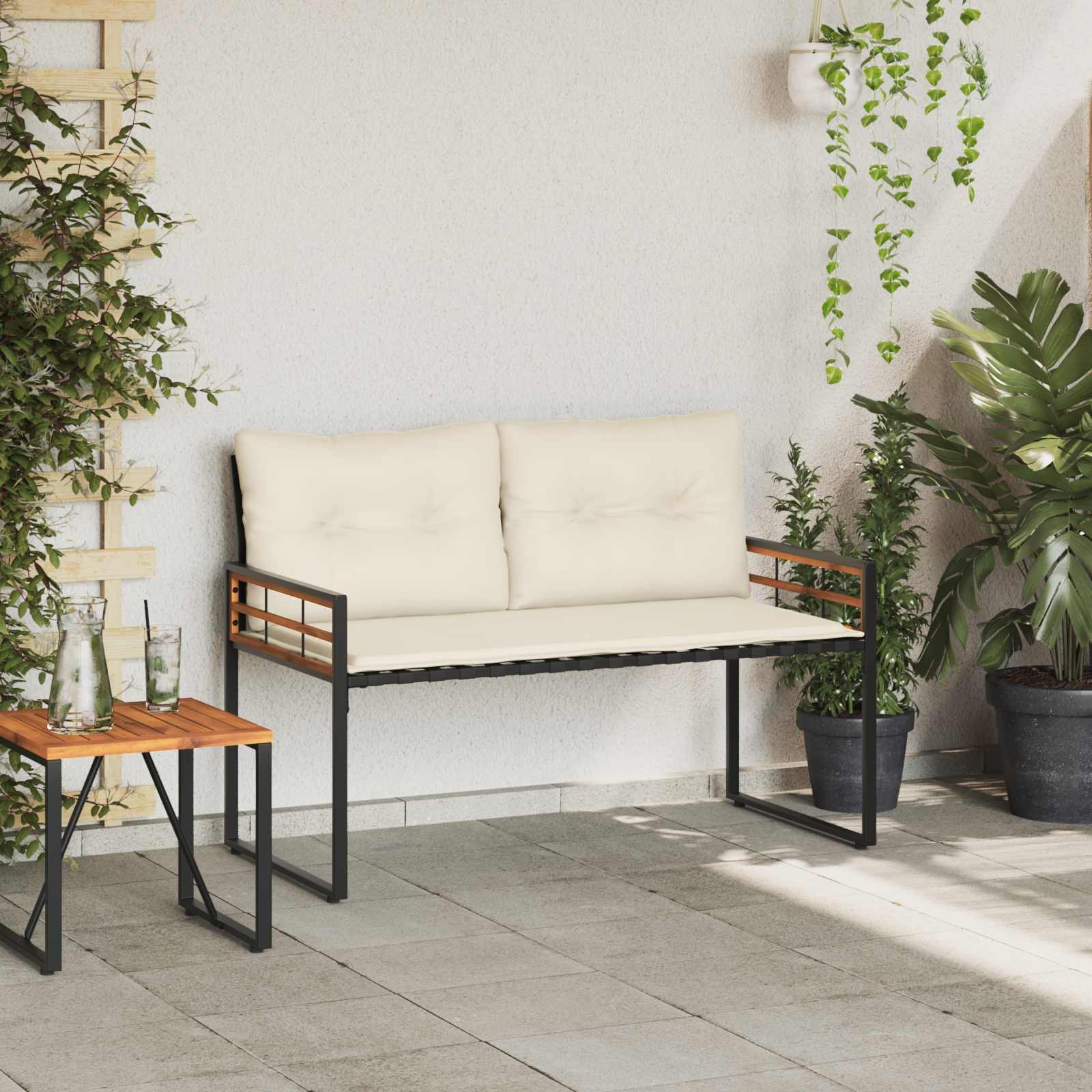 Houten Laag Bank met kussen Effen Crème 114 x 55 x 77 cm