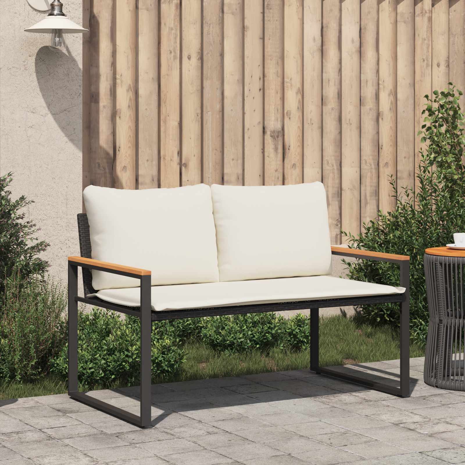 Bank met kussen Zwart en Cream Wit 115 x 65 x 72 cm Rattan