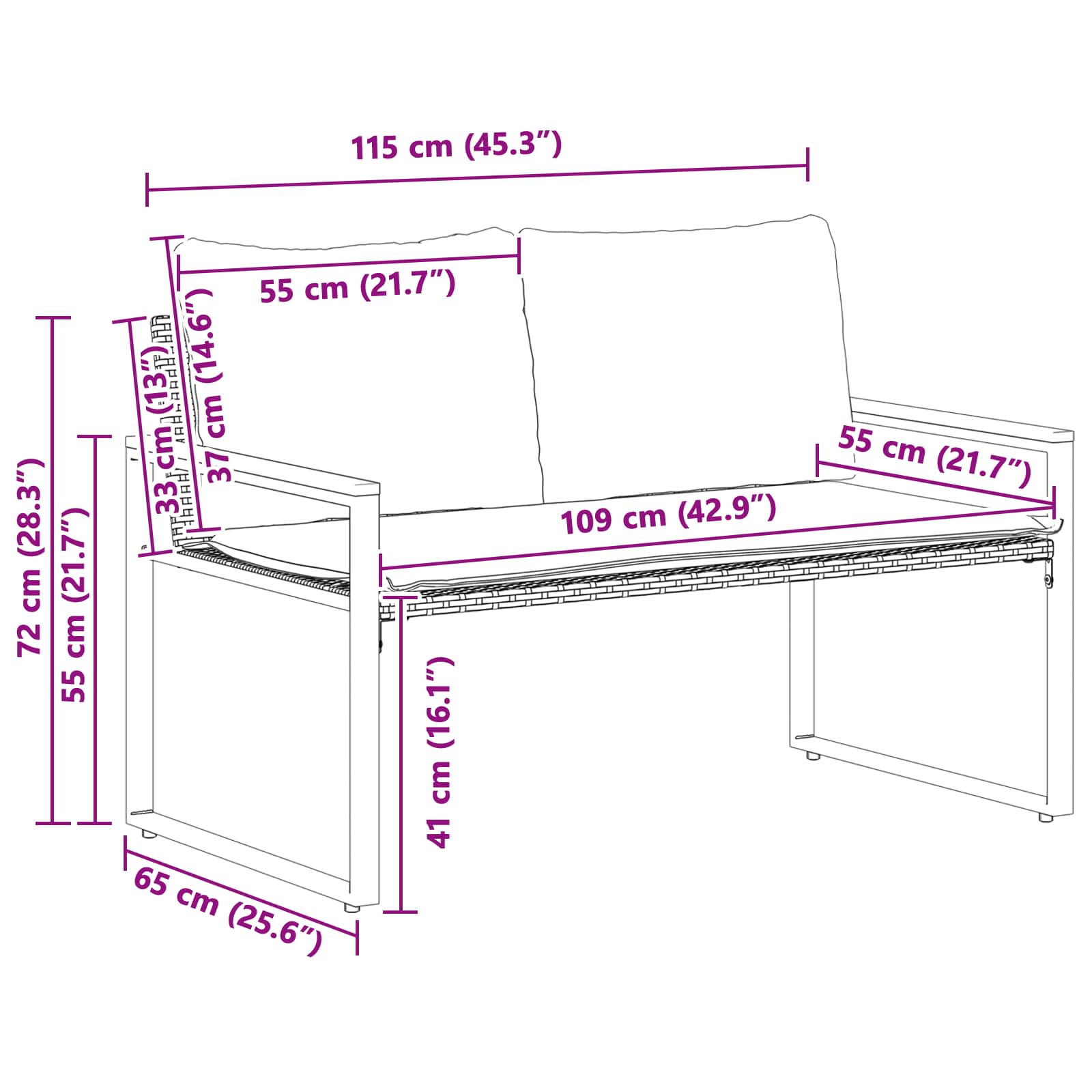 Bank met kussen Zwart en Cream Wit 115 x 65 x 72 cm Rattan