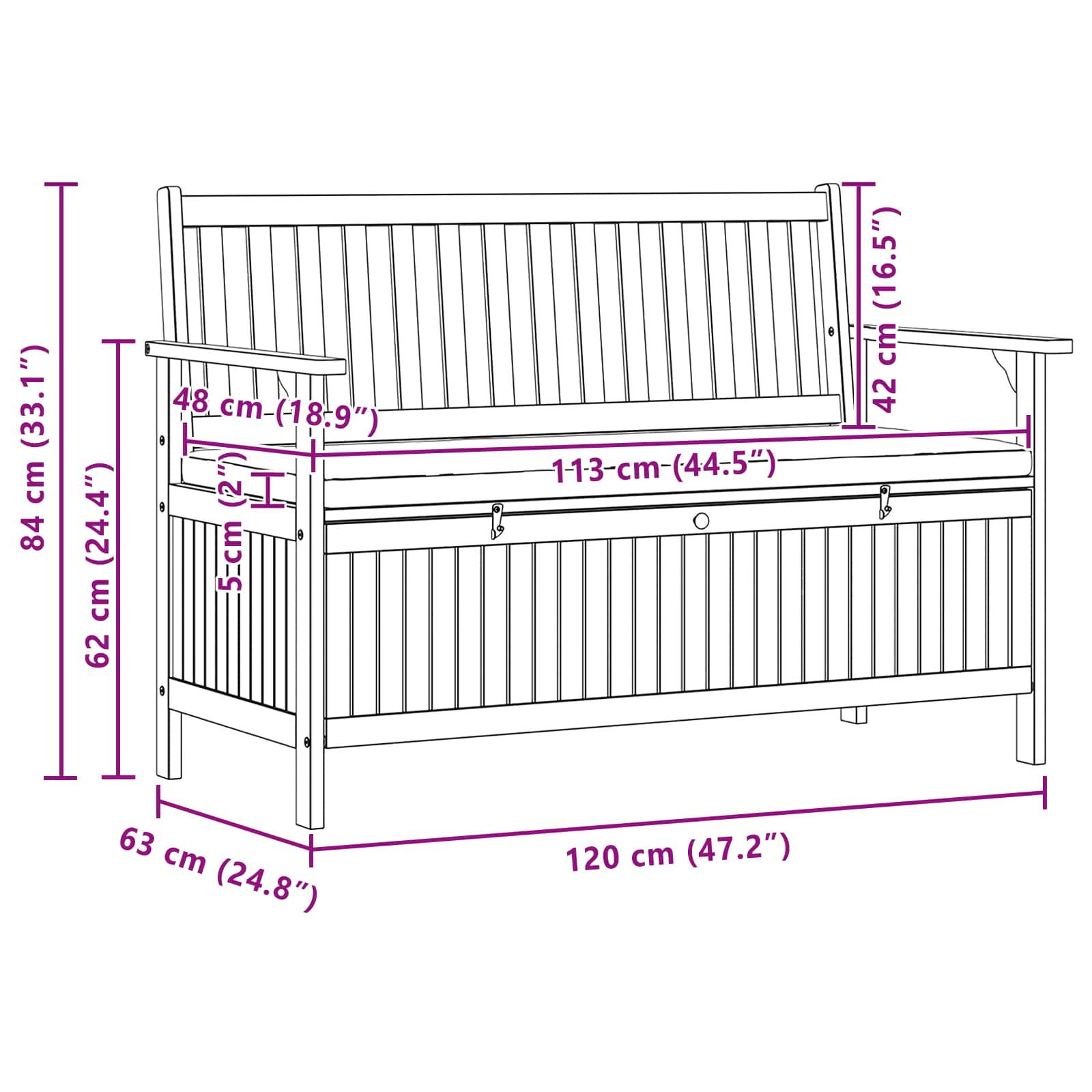 Opslagbank 2 -Seater 120 x 63 x 84 cm Massief Acacia