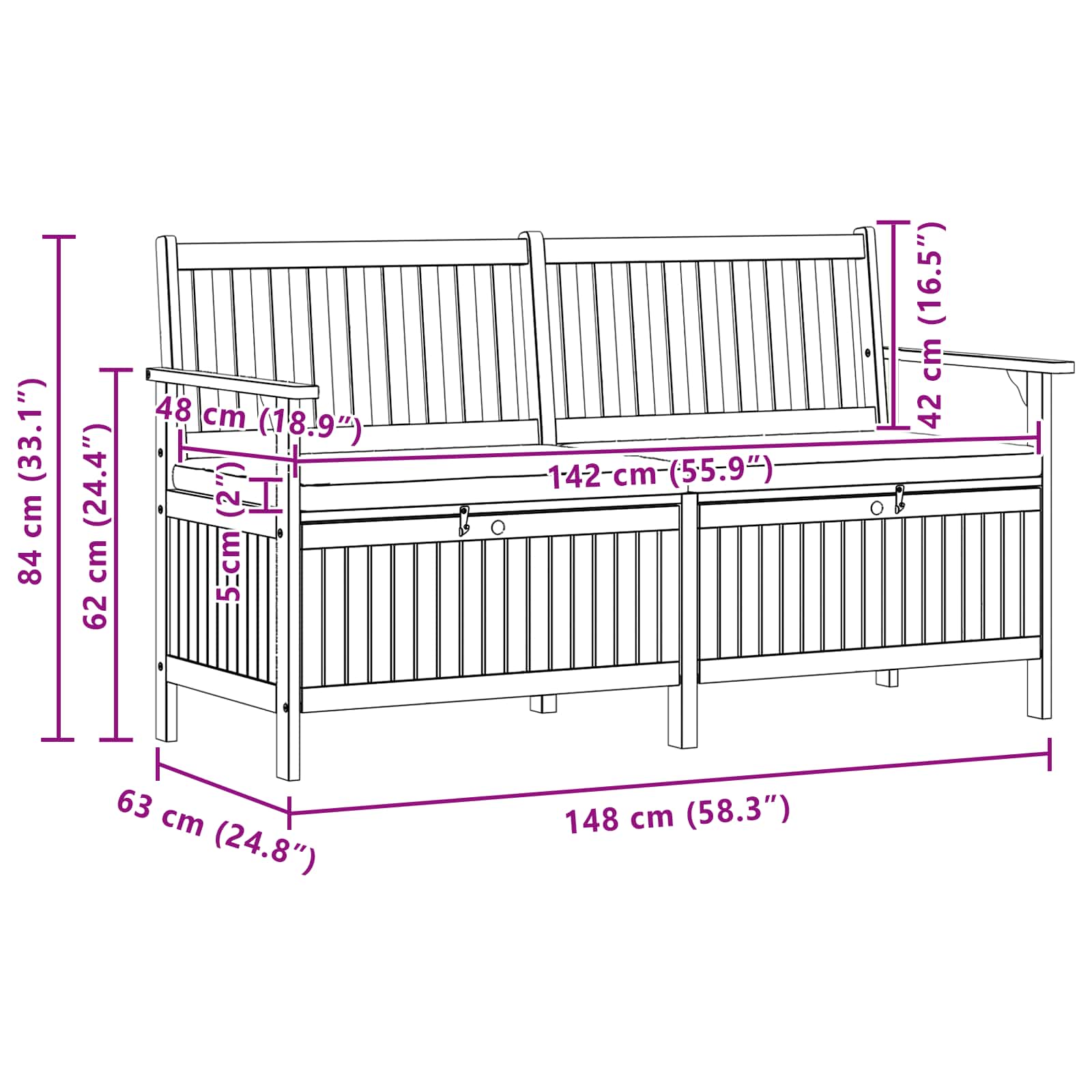 Opslagbank 2 -Seater 148 x 63 x 84 cm Massief Acacia