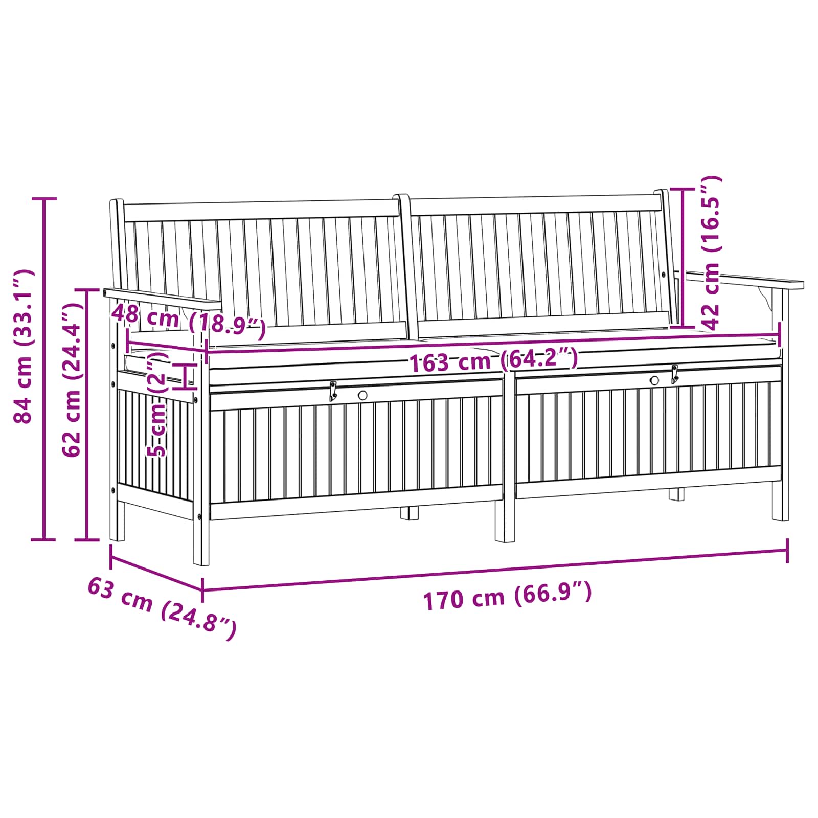 Opslagbank 2 -Seater 170 x 63 x 84 cm Massief Acacia