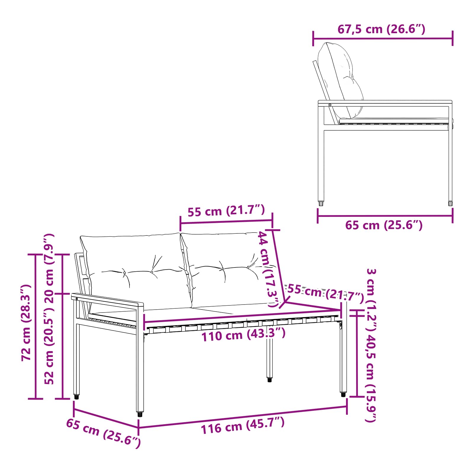 Tuinbank 2 -Seater 116 x 67,5 x 72 cm poly rattan Donkergrijs