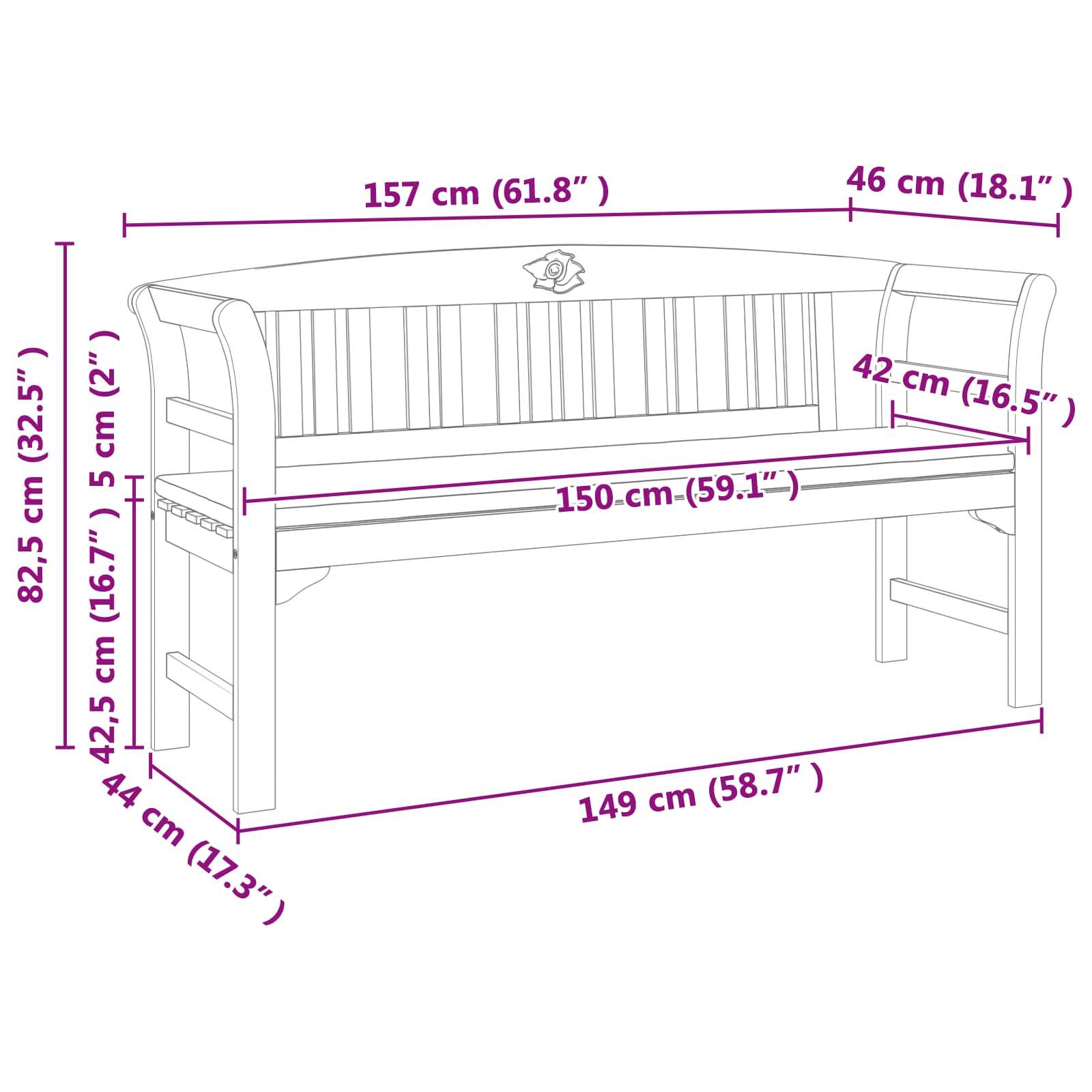 Rozenbank Natuurlijk 157 x 46 x 82,5 cm Massief Acaciahout