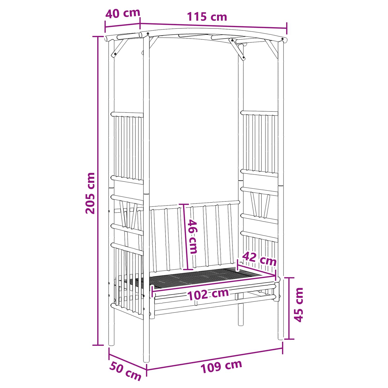 Tuinboog met Bank 115 x 50 x 205 cm Bamboe