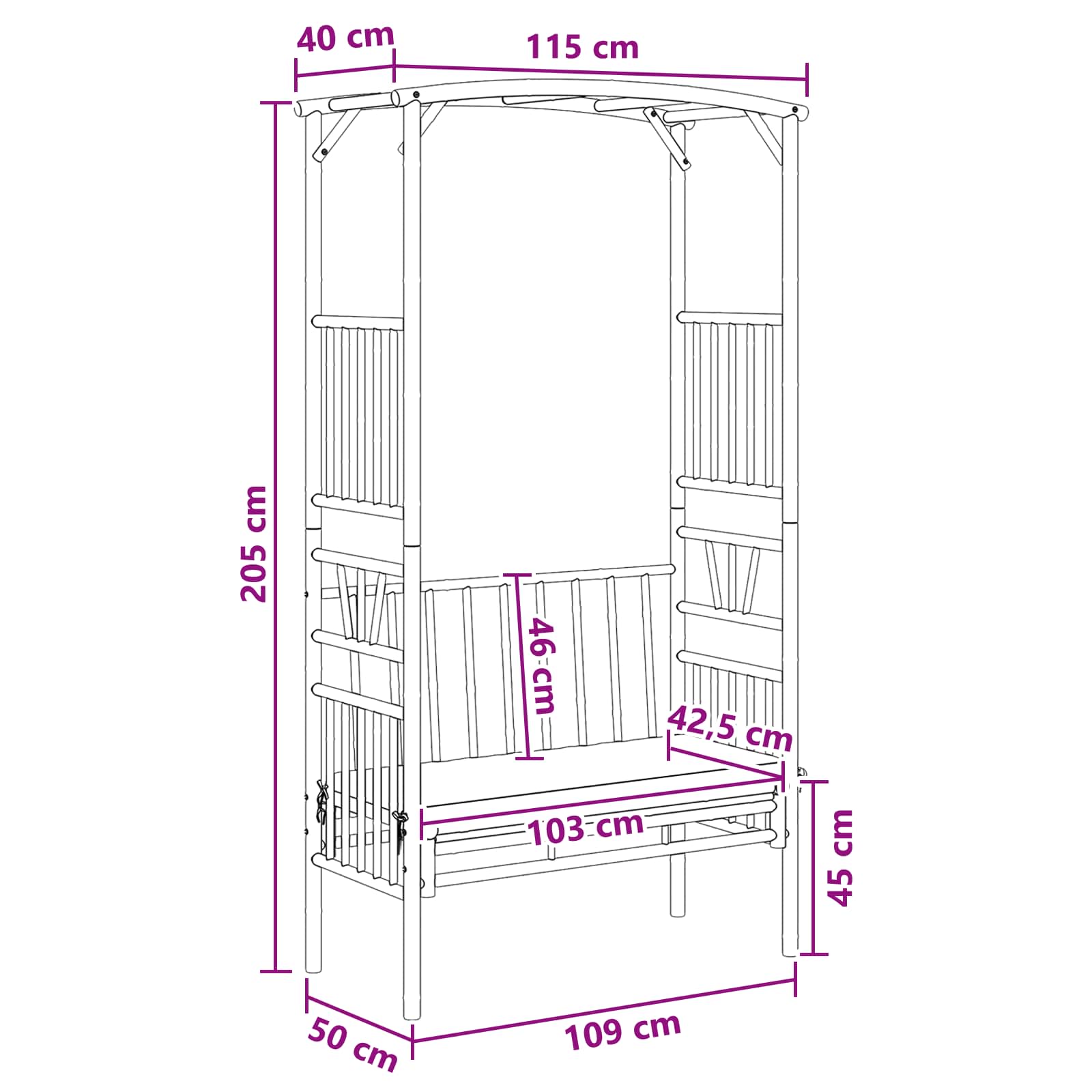Tuinboog met Bank Crèmewit 115 x 50 x 205 cm Bamboe