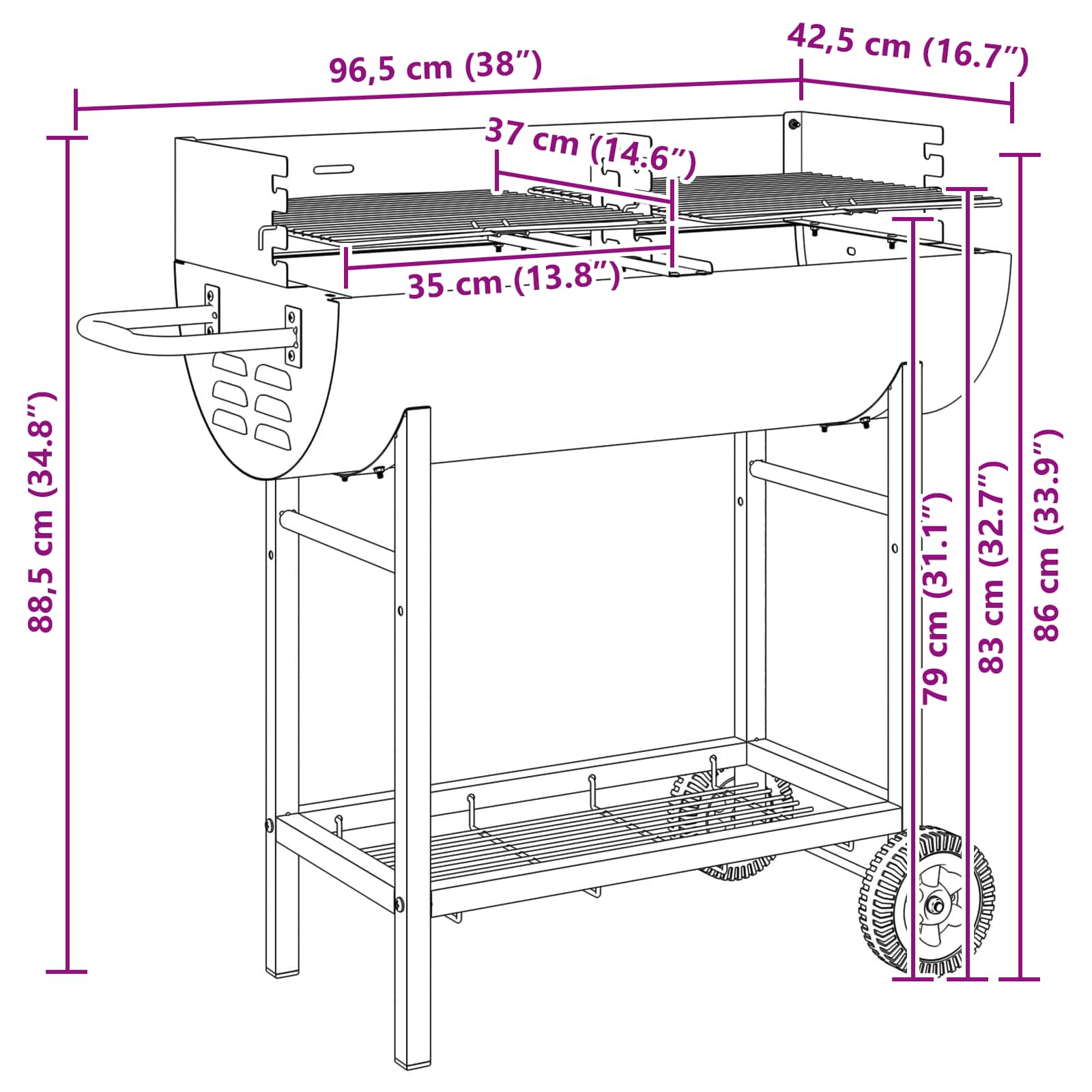 Houtskoolgrill 96,5 x 42,5 x 88,5 cm Zwart