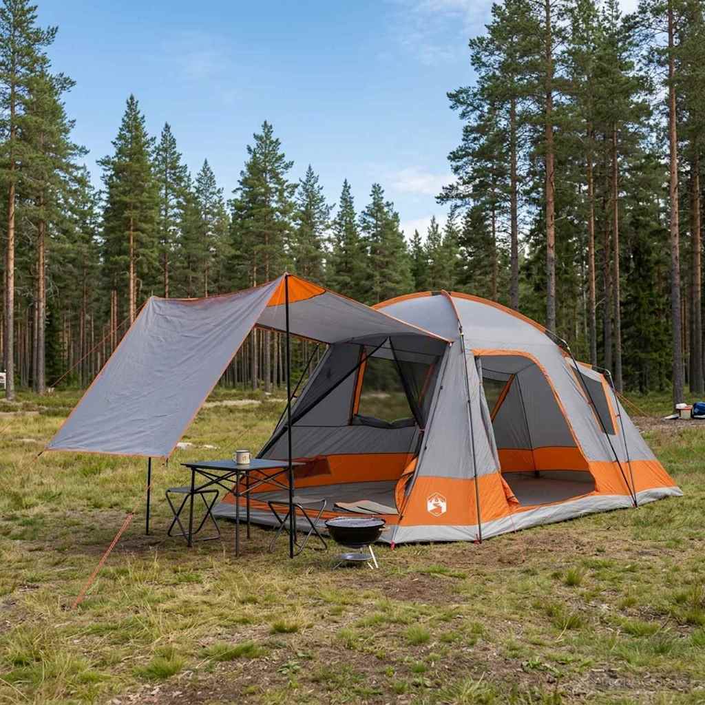 Huisje Tent Grijs en Oranje 12-Persoons Polyester en staal