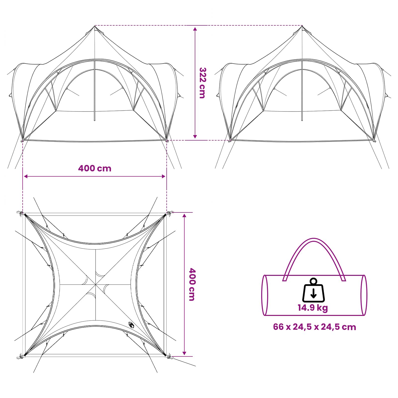 Partytent met dak Blauw 400 x 400 x 320 cm Polyester en staal