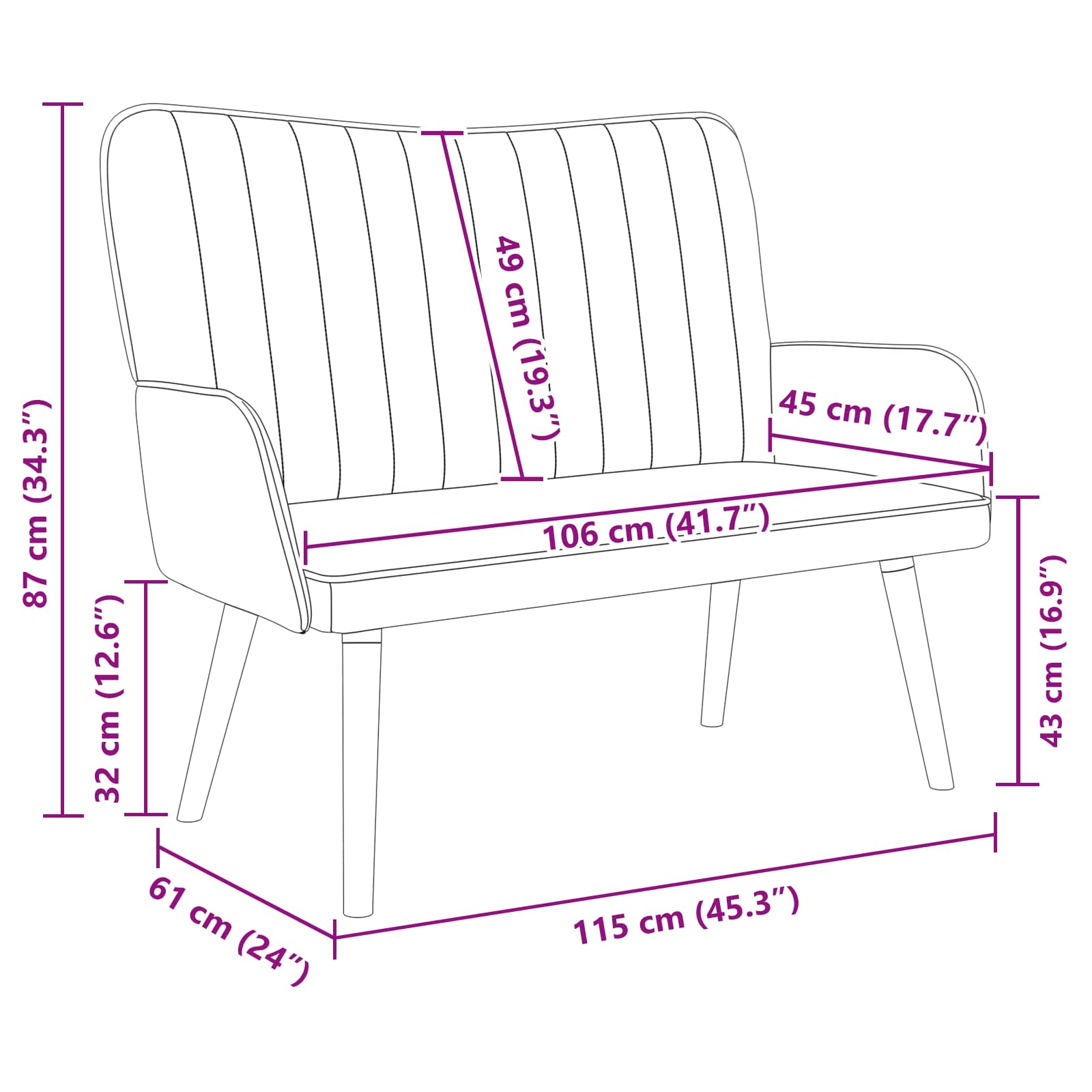 2-Zits Sofa Zwart 115 x 61 x 87 cm fluweel